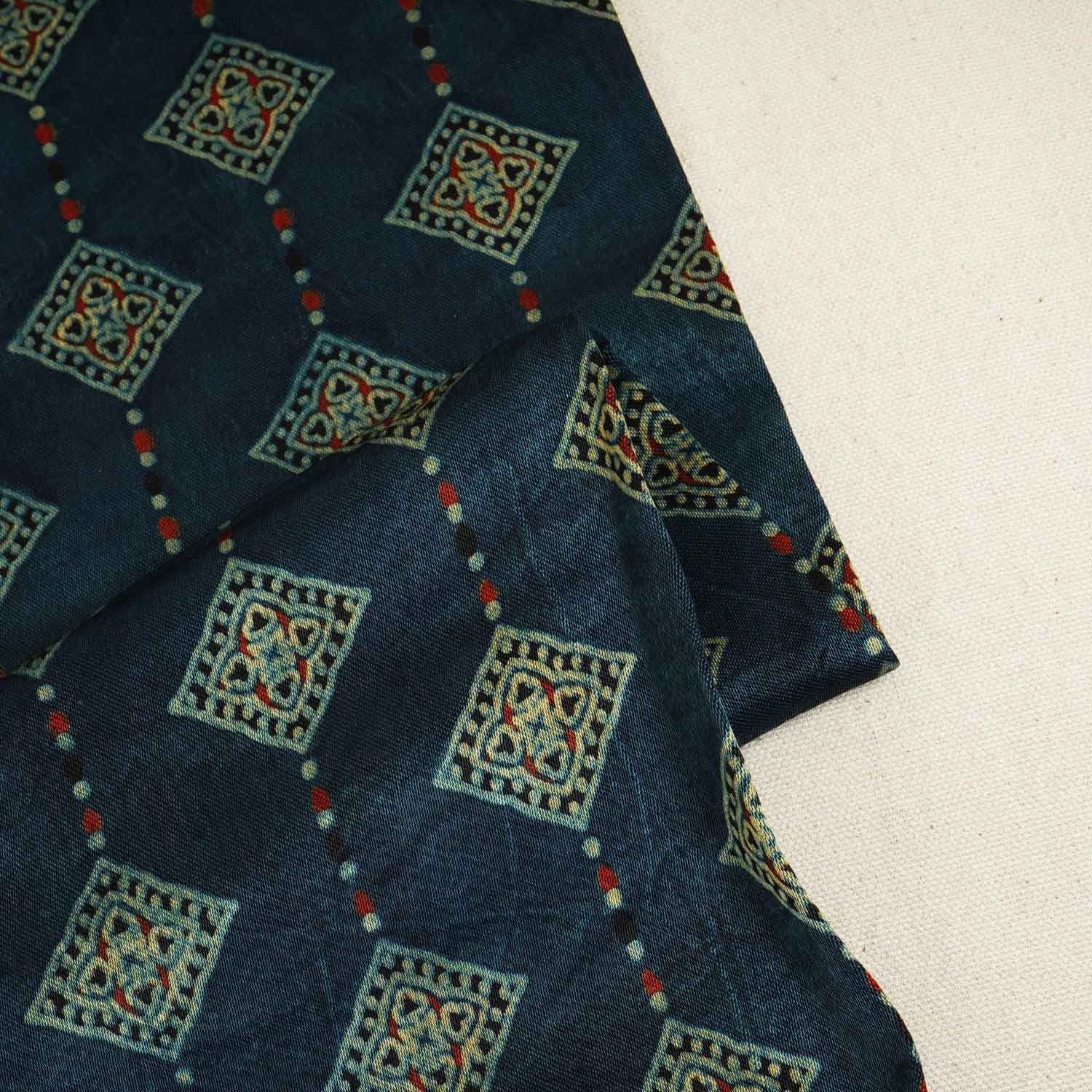 Teal Blue Floral Print Mashru Silk Fabric EEG-28389 - Image 2