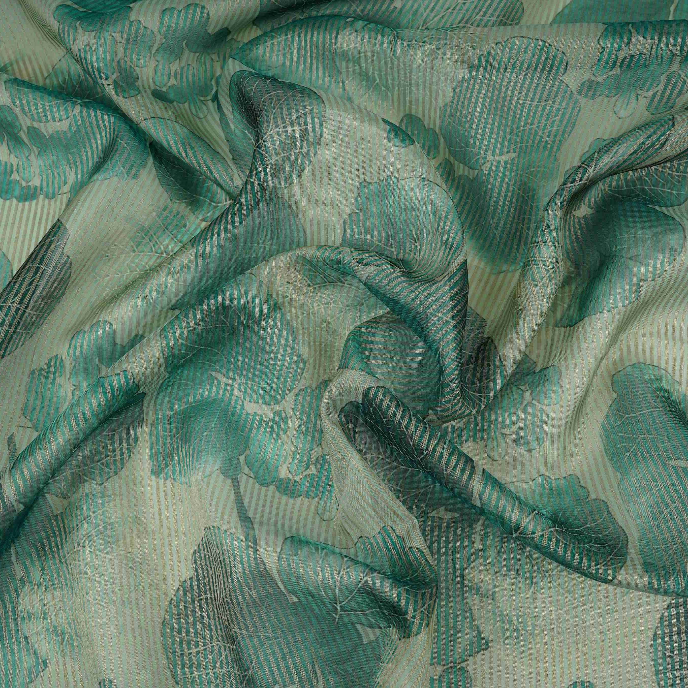 Teal Blue floral with stripes print Organza Fabric VP-32010 - Image 3