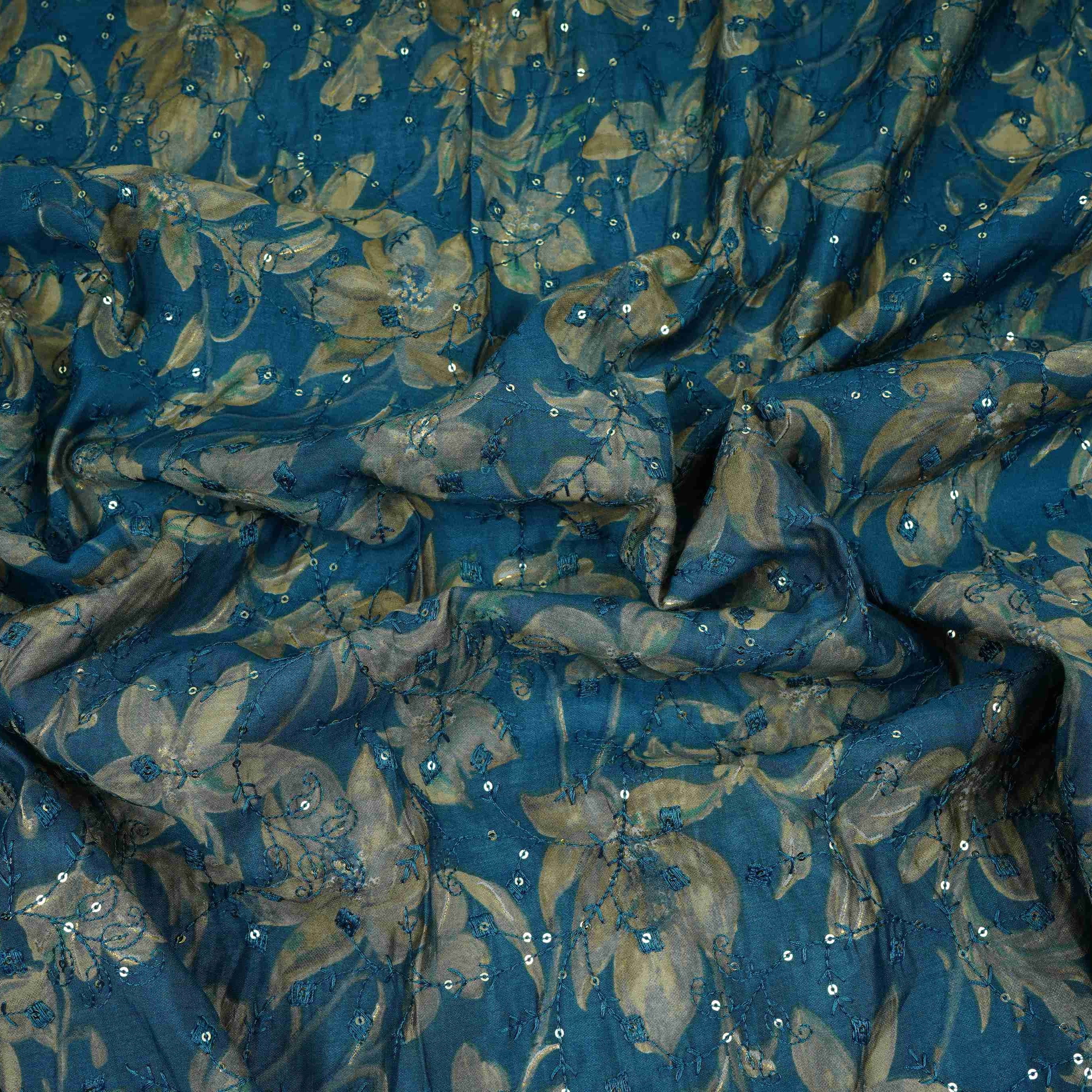 Teal Blue Foil floral embroidery Eri Cotton Silk Fabric MTFG-31061 - Image 3
