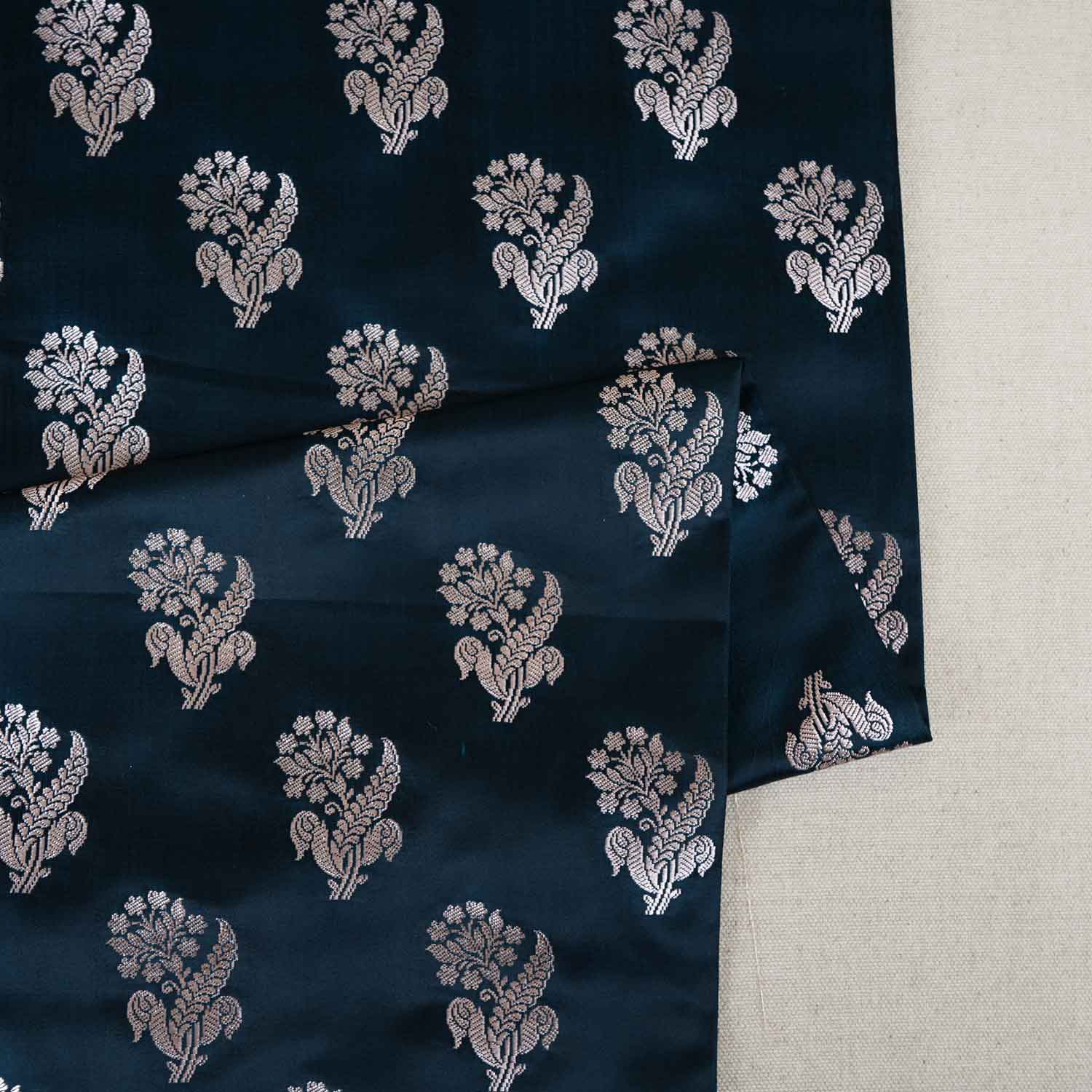 Teal Blue Saffron Silver Butti Brocade Fabric NH-28884 - Image 2