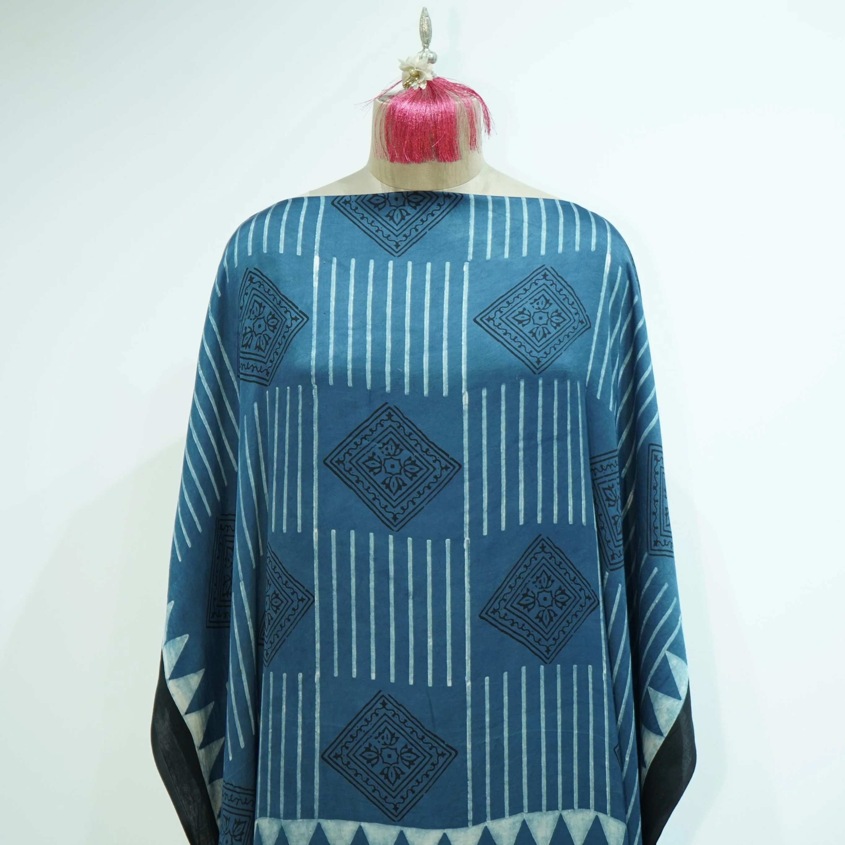 Teal Blue with Black Ajrakh print Modal Silk Kaftan EEG-31614