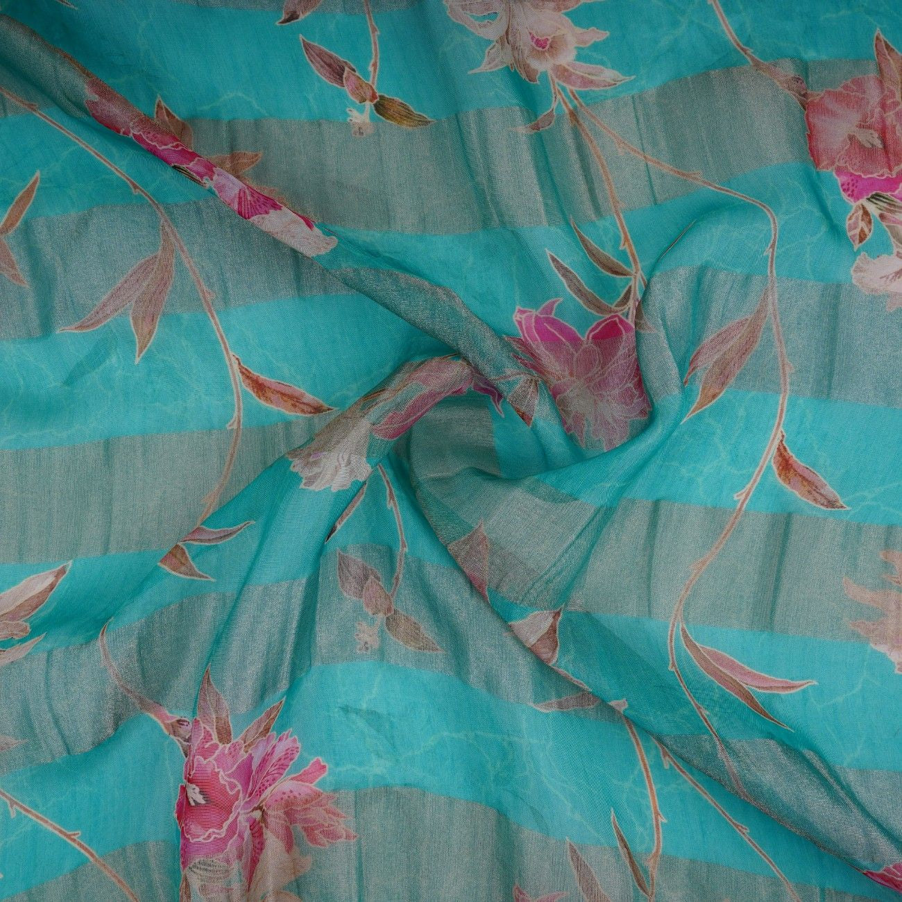 Teal Blue With Golden Stripes Floral Print Organza Tissue Fabric VF-30633 - Image 3