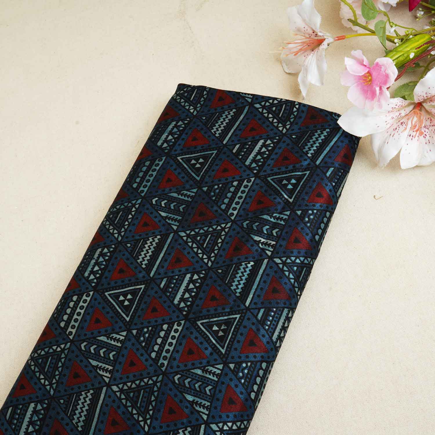 Teal Blue With Multicolour Geometrical Print Mashru Silk Fabric EEG-28336