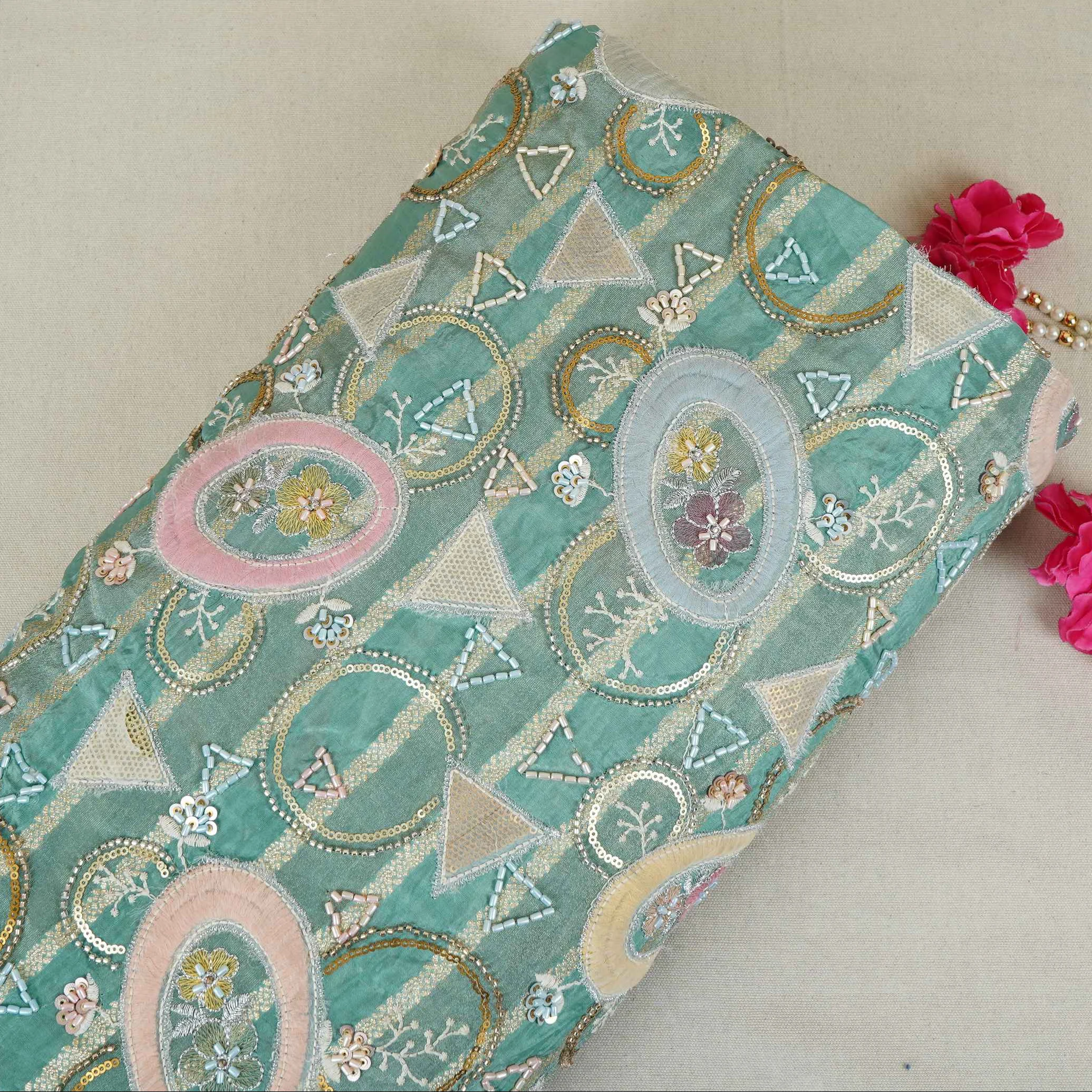 Teal Green Cutdana Premium Embroidery Tissue Fabric GTS-30042