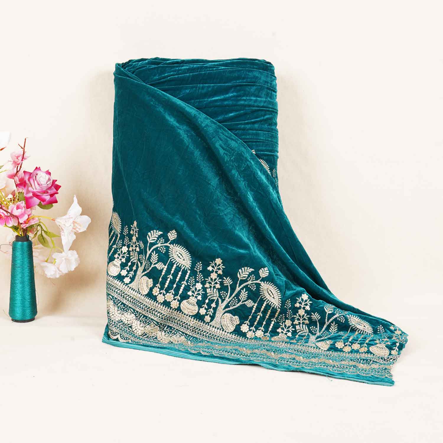 Teal Green Border Work Cutdana Velvet 9000 Fabric SC-28253