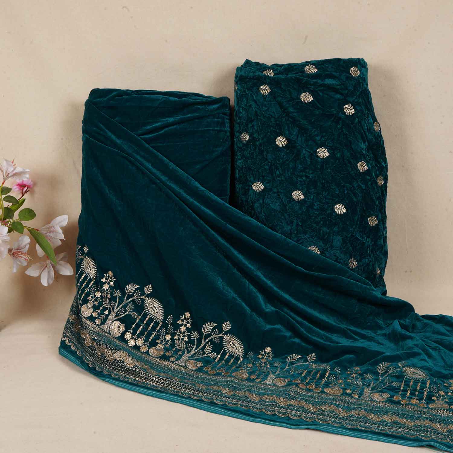 Teal Green Border Work Cutdana Velvet 9000 Fabric SC-28253 - Image 5