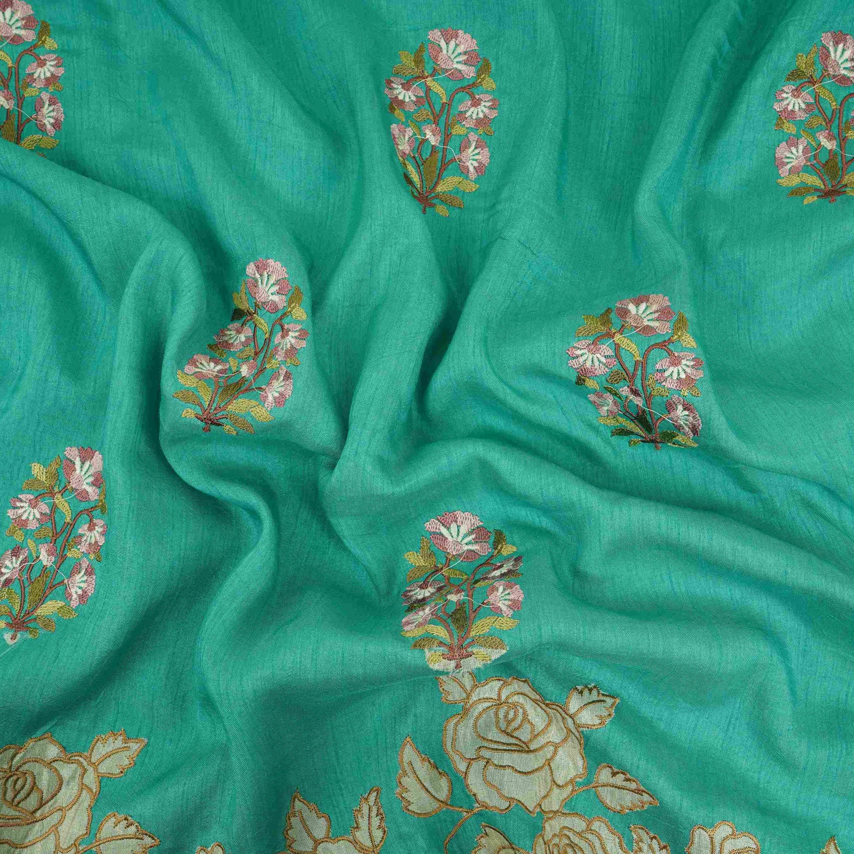 Teal Green floral Border embroidery Raw Silk Fabric VFS-31858 - Image 3