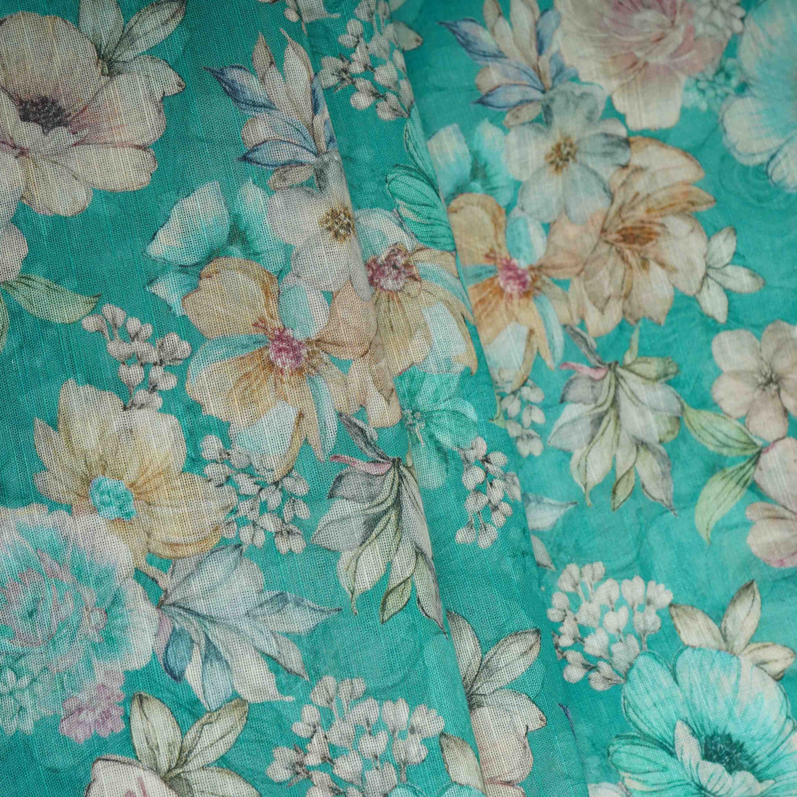Teal Green Floral Print Cotton Linen Fabric RT-30915 - Image 4