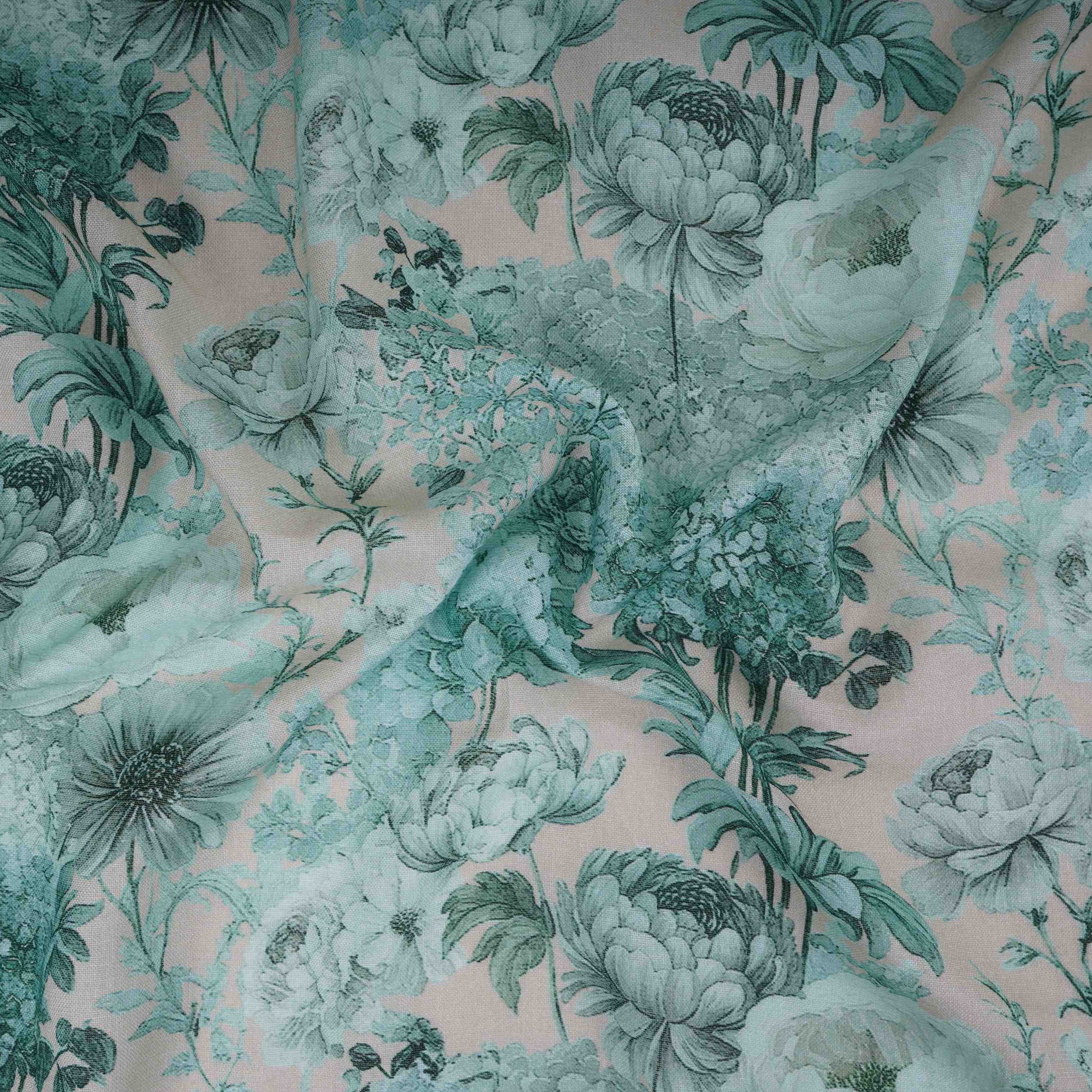 Teal Green Floral Print Cotton Linen Fabric RT-30964 - Image 2