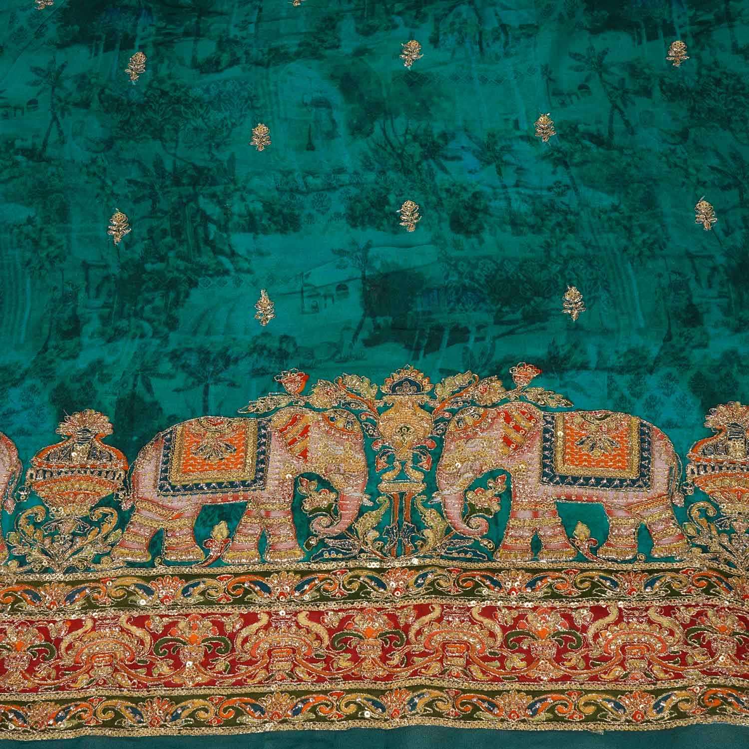 Teal Green Traditional Zari Embroidery Georgette Fabric SC-27905 - Image 4