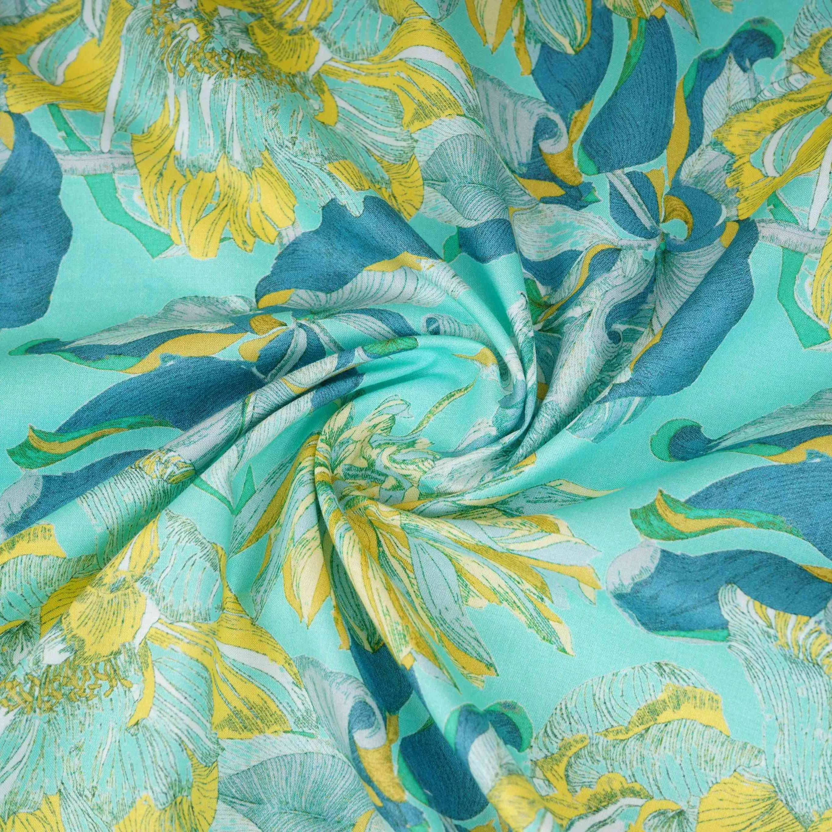 Teal with Yellow Floral Print Cotton Mulmul Fabric PG-30462 - Image 3
