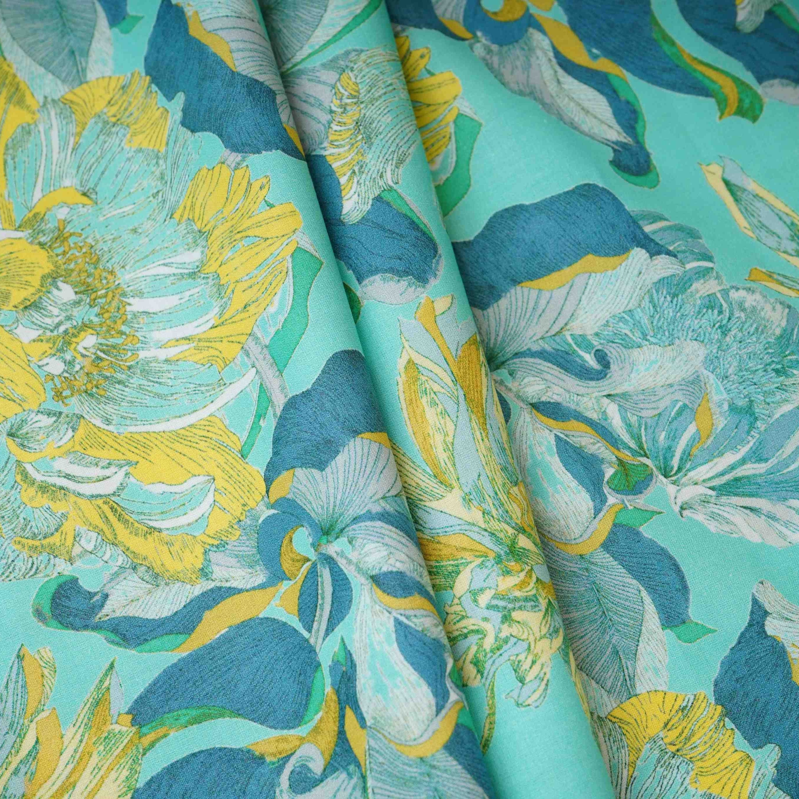 Teal with Yellow Floral Print Cotton Mulmul Fabric PG-30462 - Image 4
