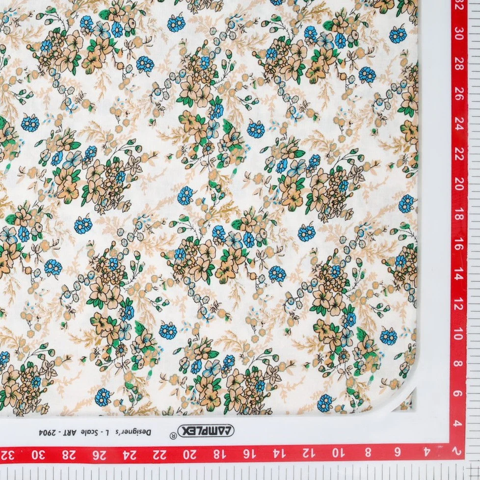 White & Blue Ditsy Floral Print Rayon Fabric , Plain Weave - Image 3