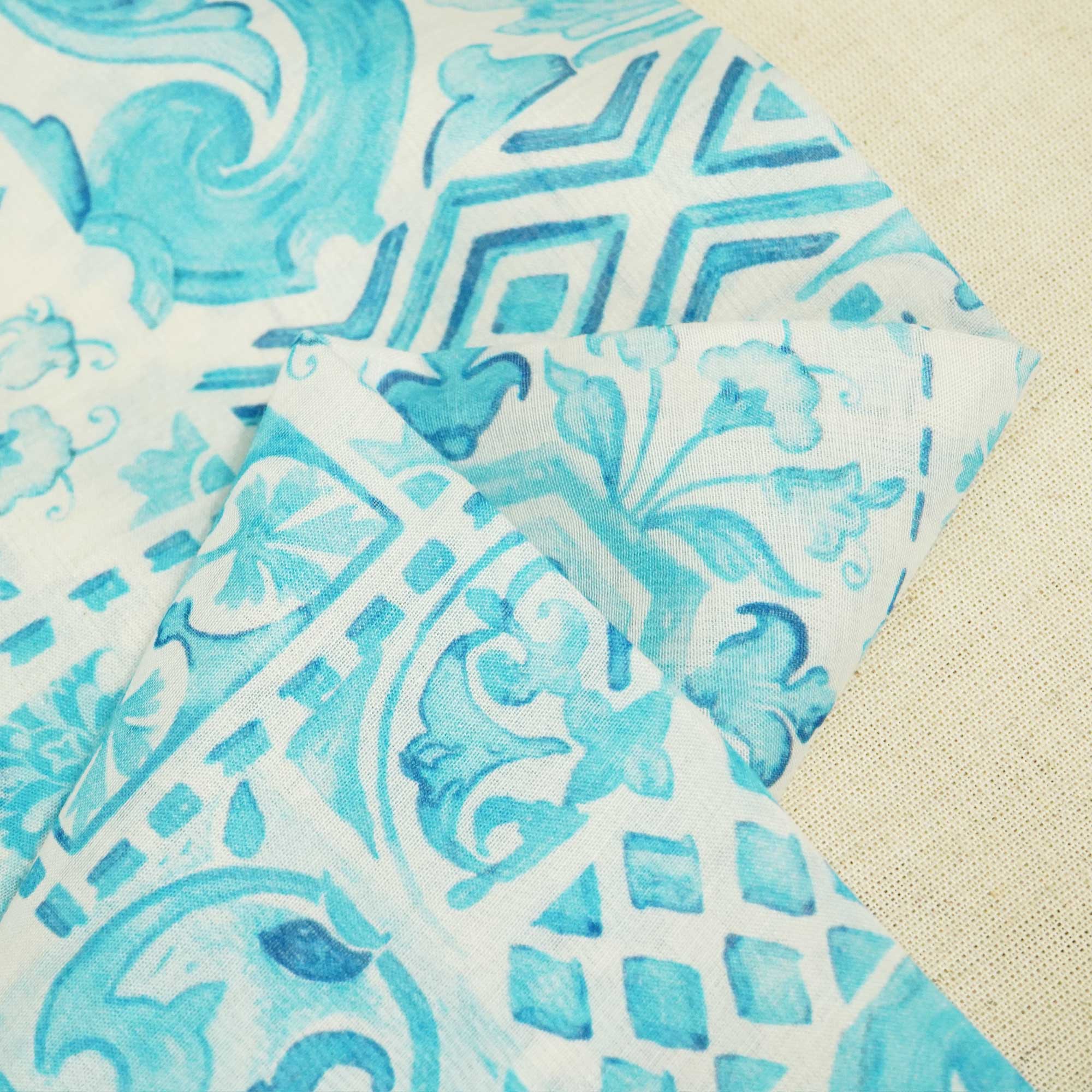 White & Blue Floral Patch Print Chanderi Fabric GT-25348 - Image 2