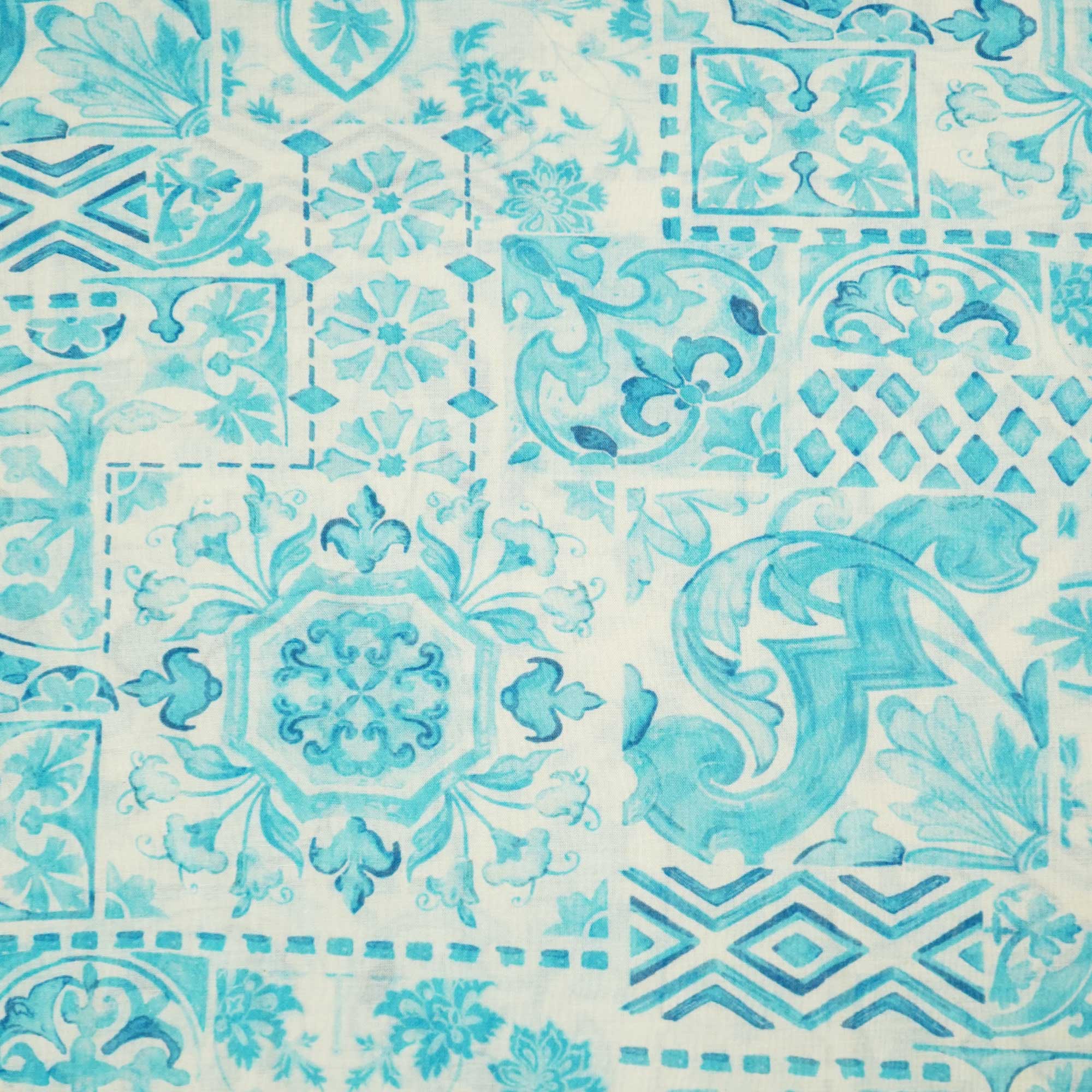 White & Blue Floral Patch Print Chanderi Fabric GT-25348 - Image 4