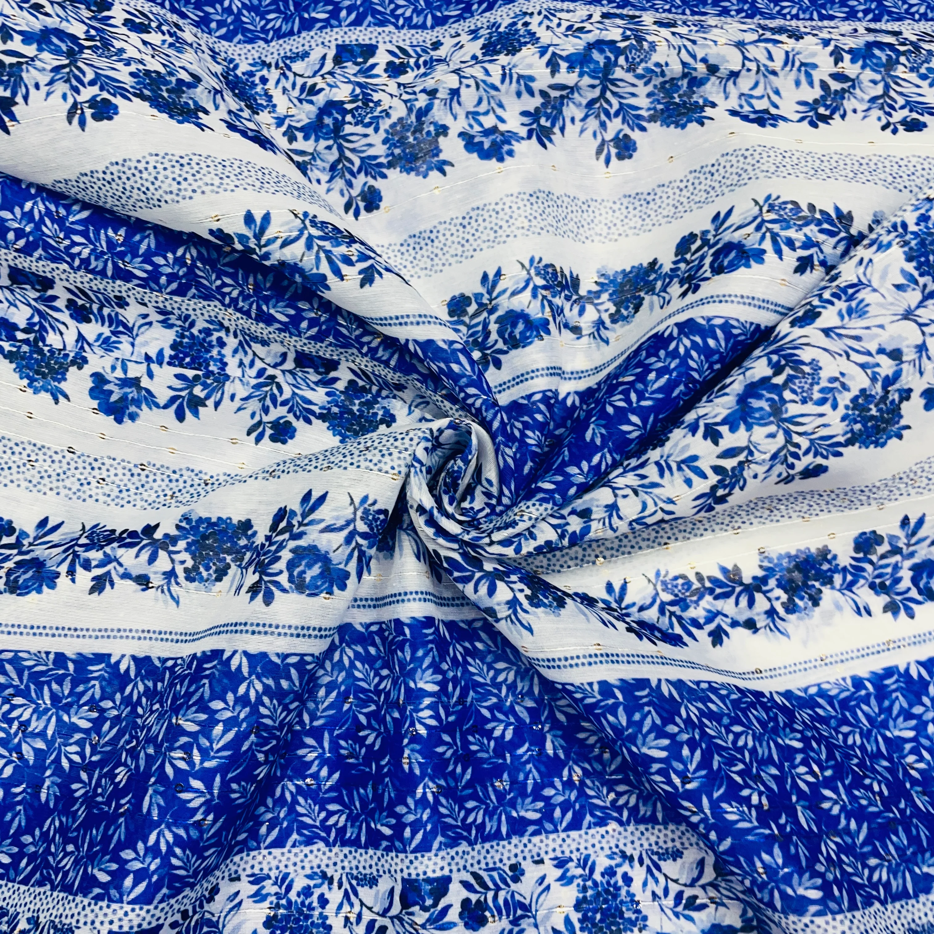 White & Blue Floral Sequins Chanderi Fabric