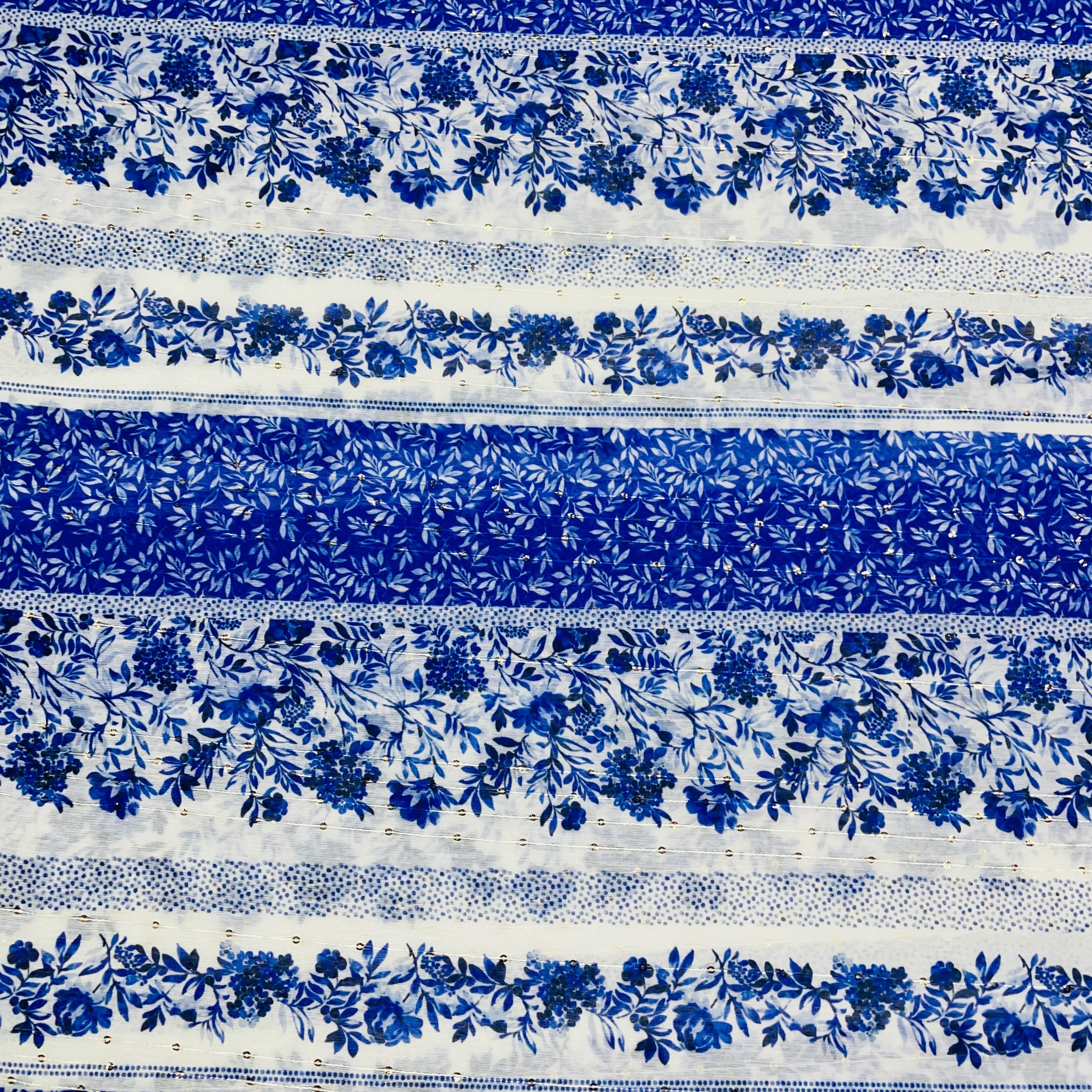 White & Blue Floral Sequins Chanderi Fabric - Image 2
