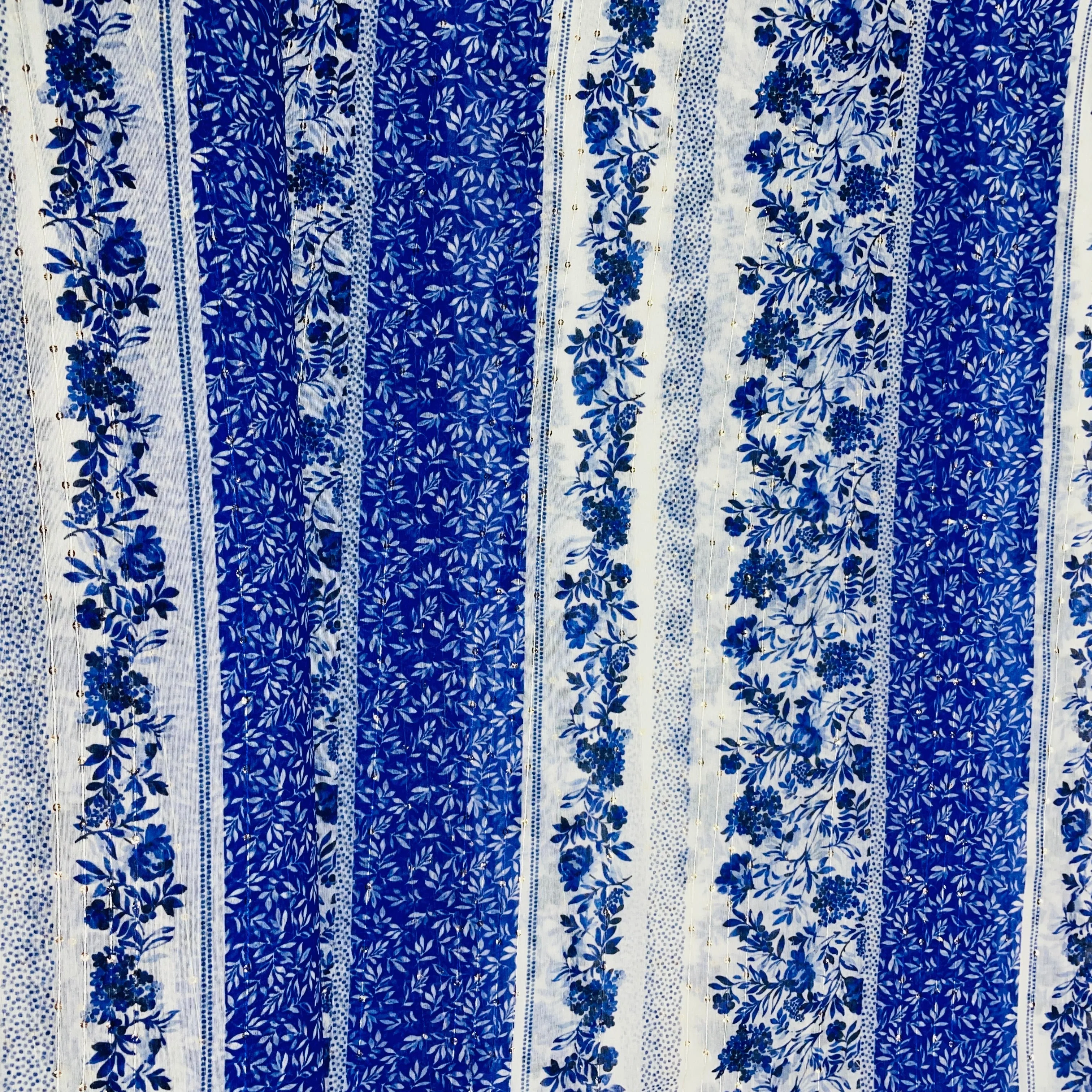 White & Blue Floral Sequins Chanderi Fabric - Image 3