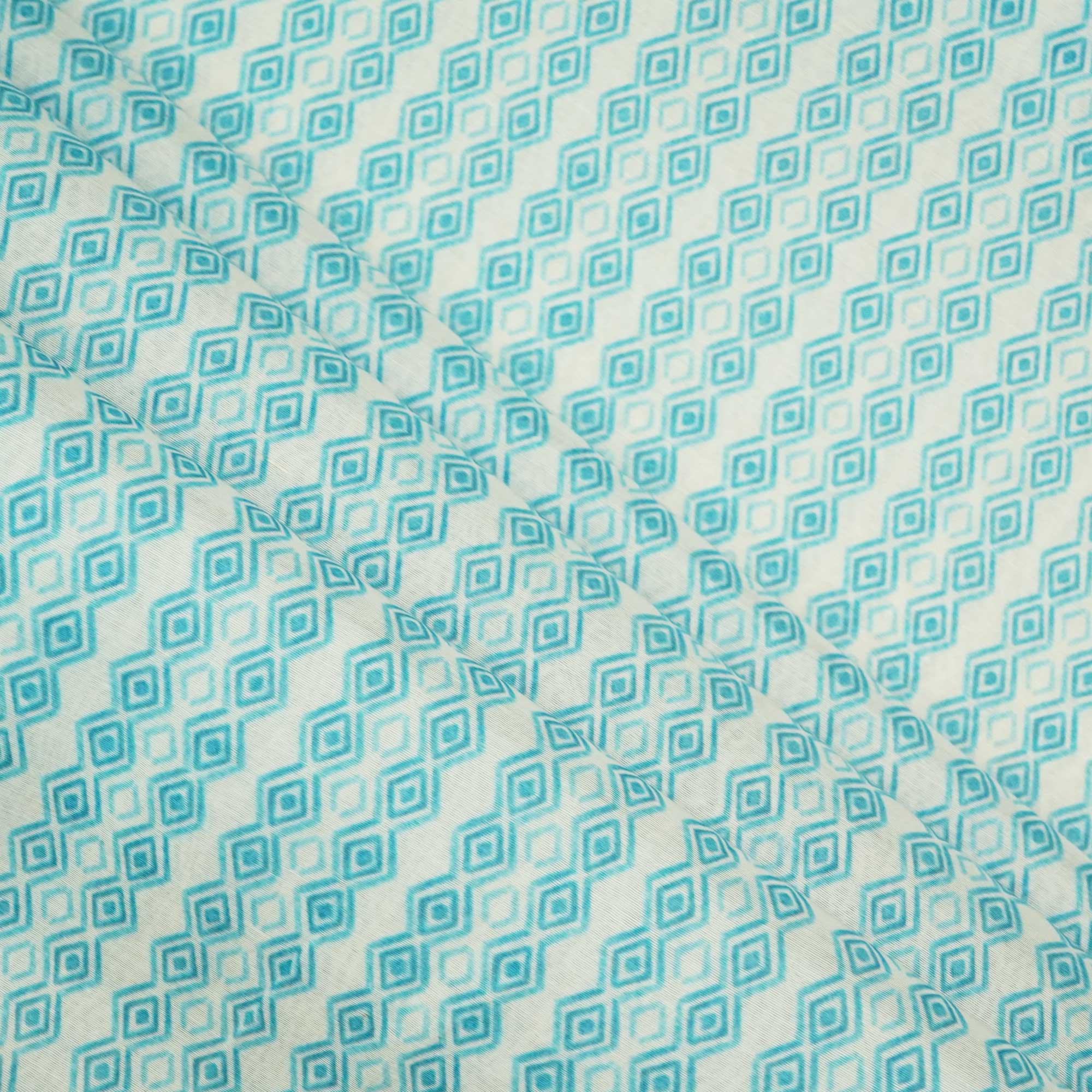 White & Blue Geometrical Print Chanderi Fabric GT-25347 - Image 3