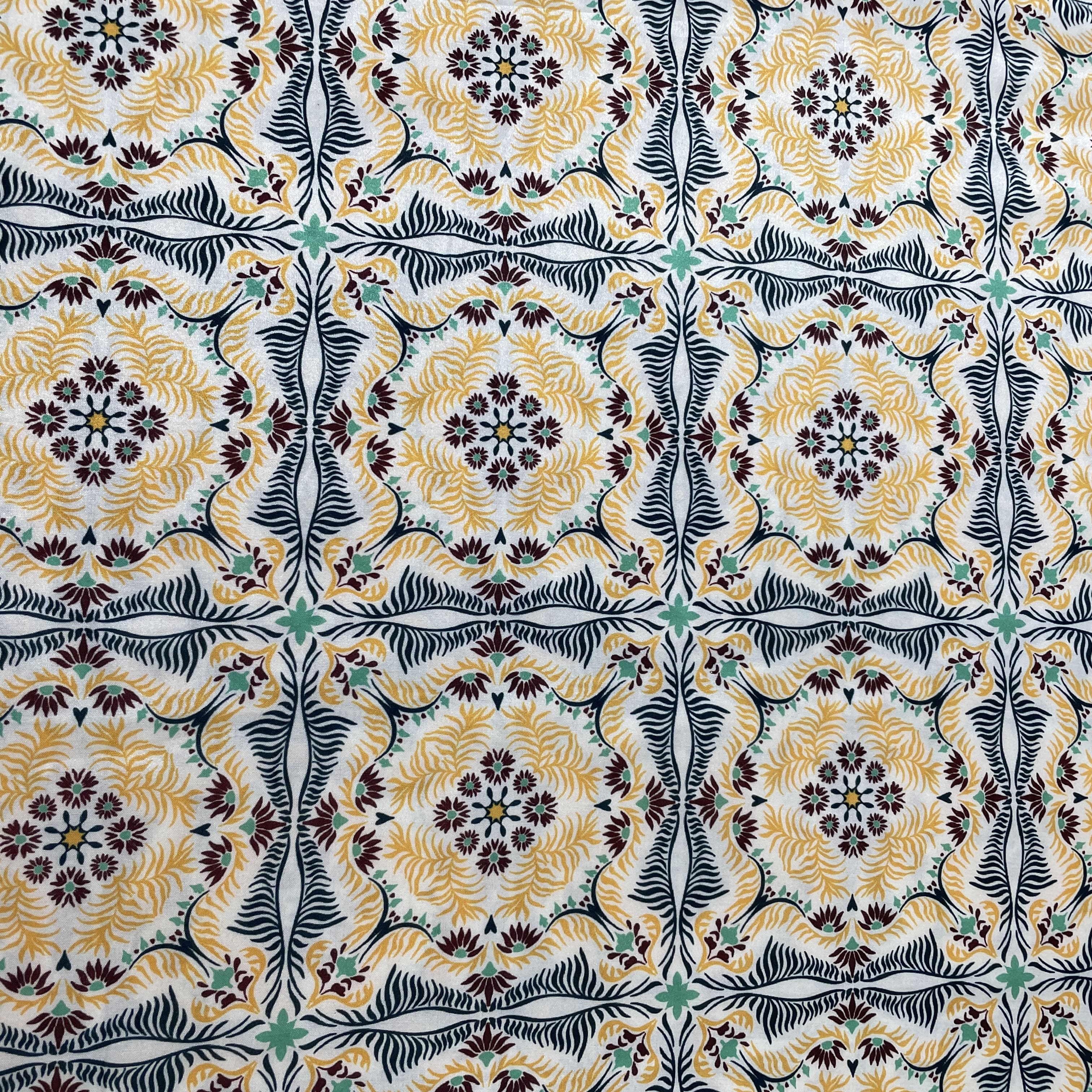 White Blue & Orange Traditional Print Modal Satin Fabric - Image 3