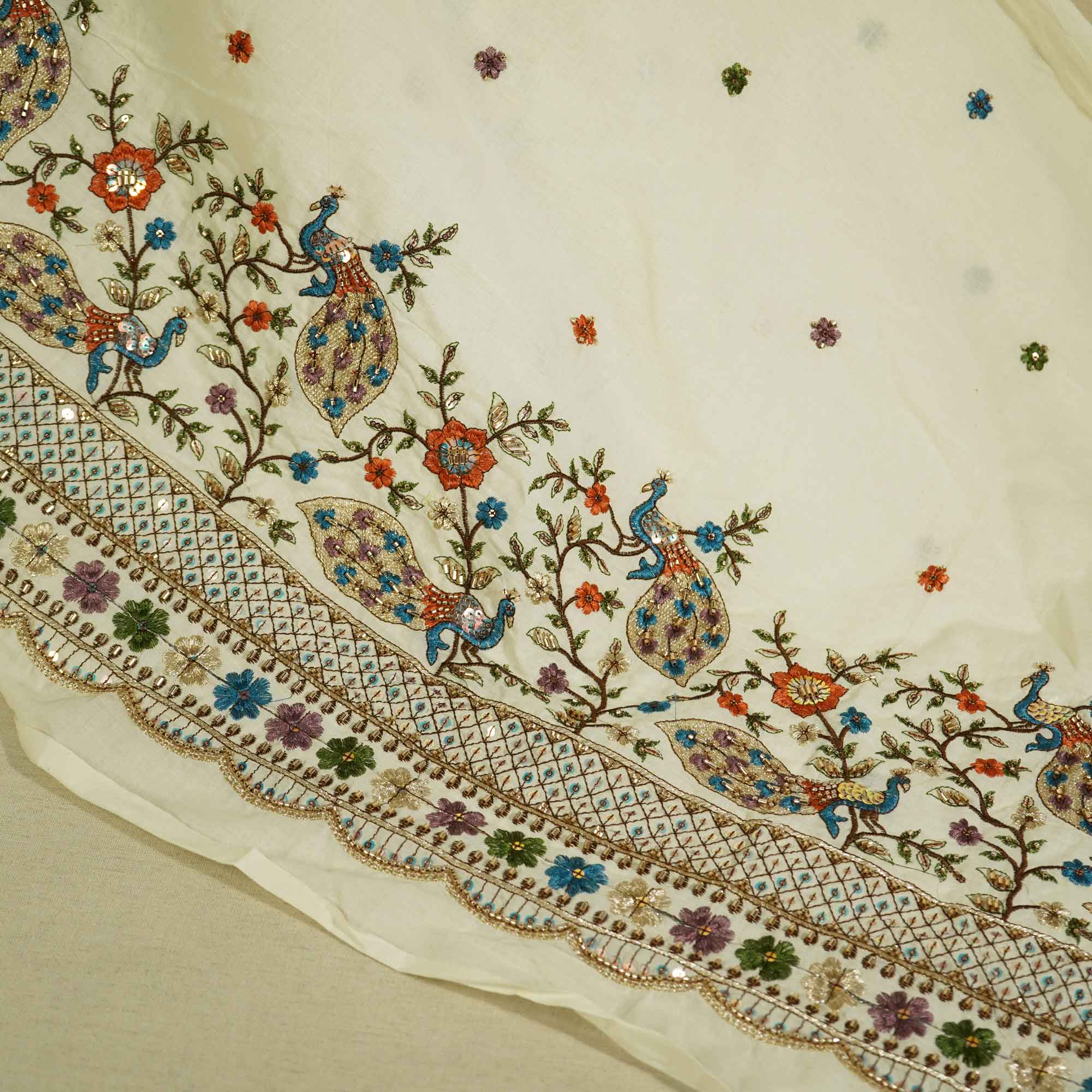 White Cutdana and Thread Embroidery Dyeable Cotton Fabric MTF-25876 - Image 2