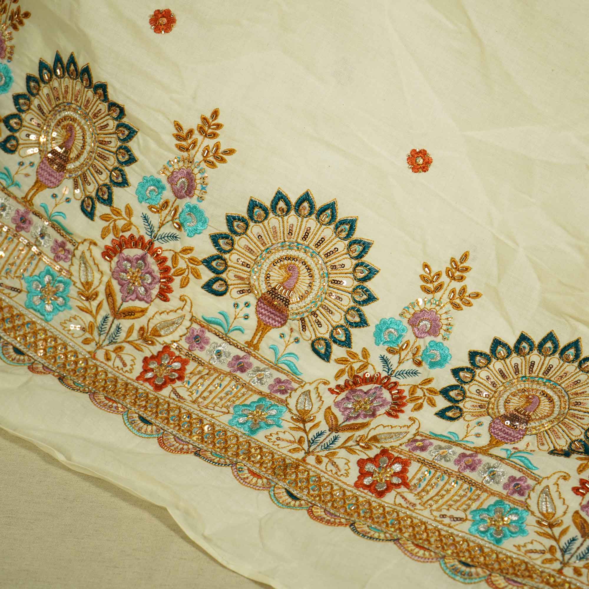 White Cutdana and Thread Embroidery Dyeable Cotton Fabric MTF-25877 - Image 2