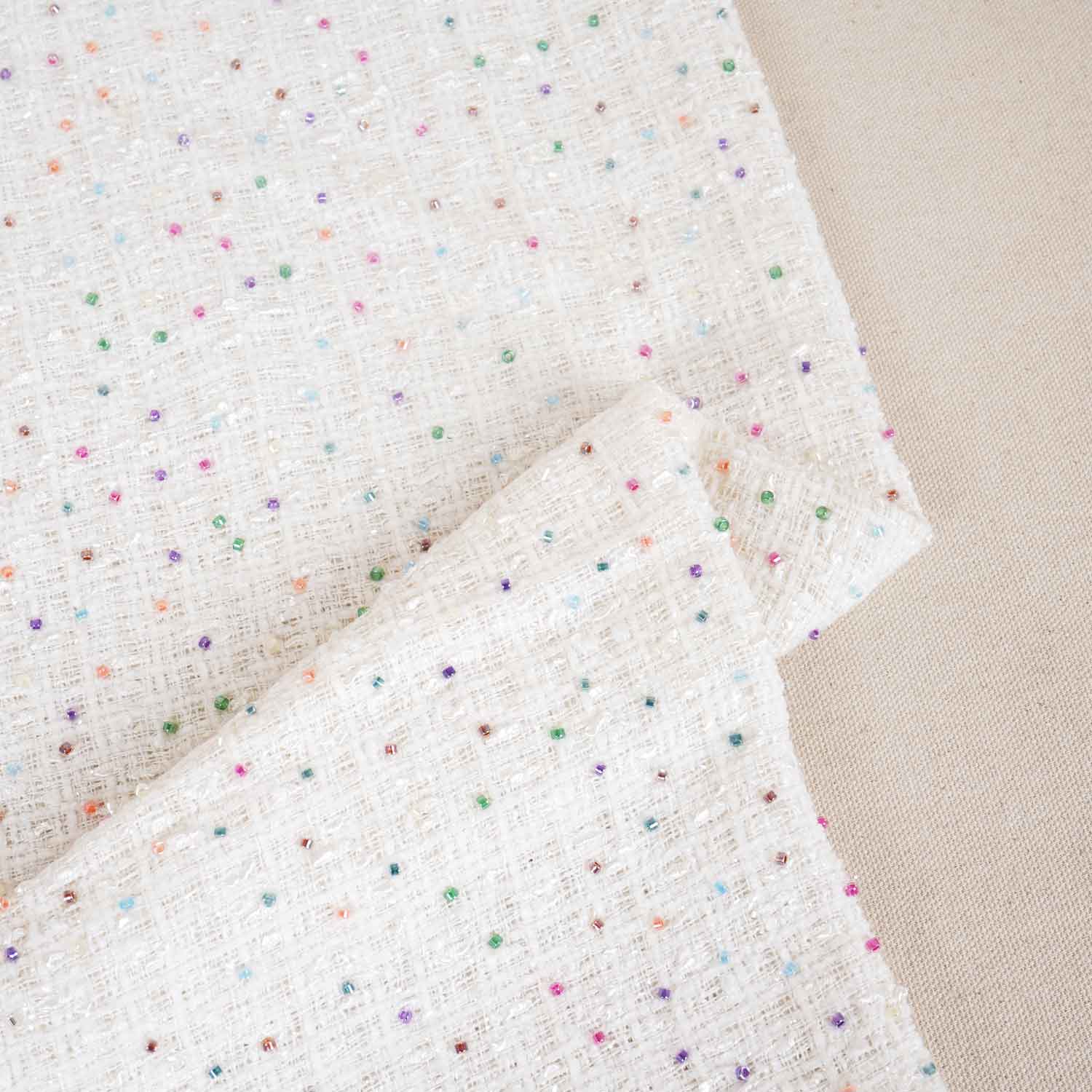 White Cutdana Tweed Fabric AF-27965 - Image 2