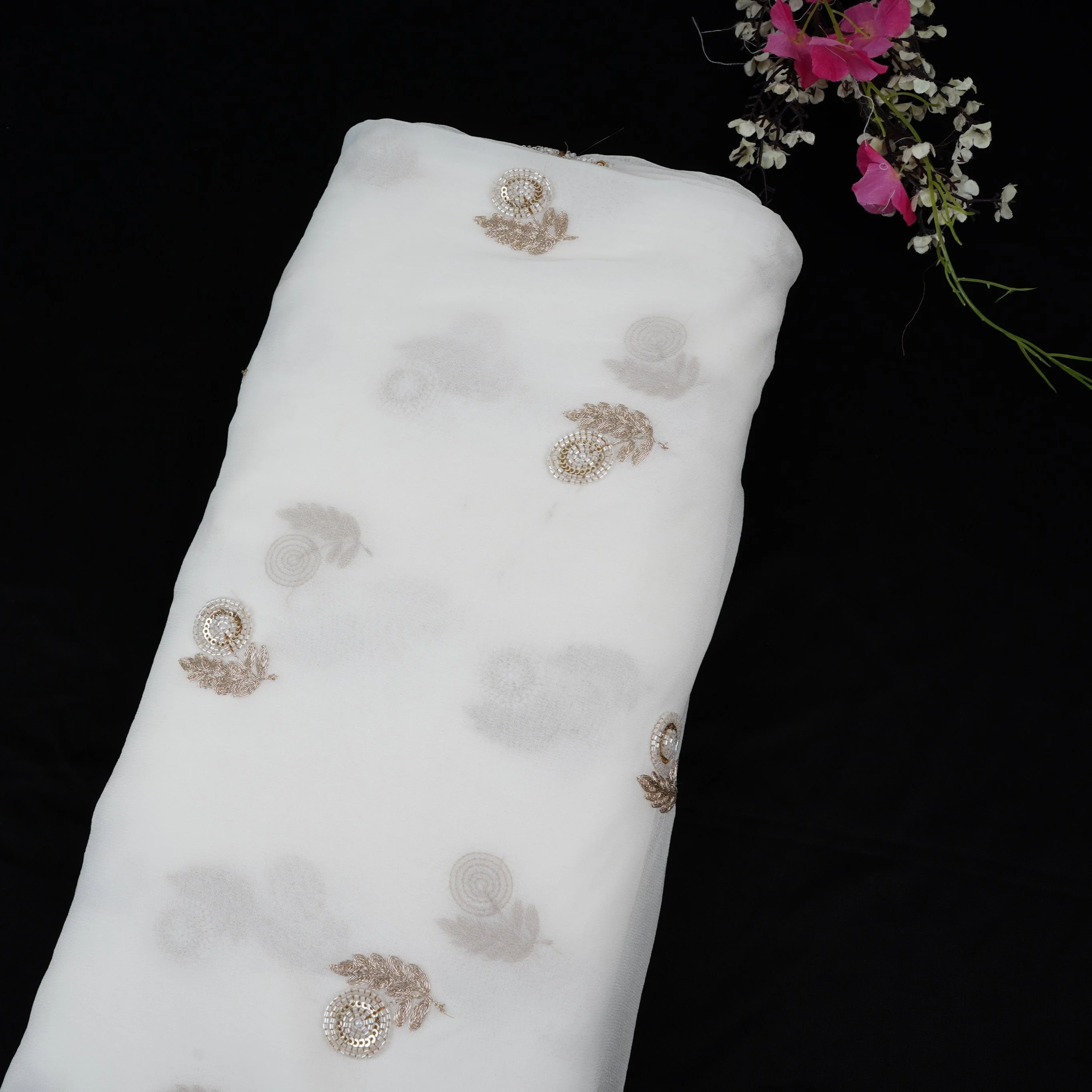 White Dyeable Cutdana Floral Zari Embroidery Georgette Fabric GTS-32032
