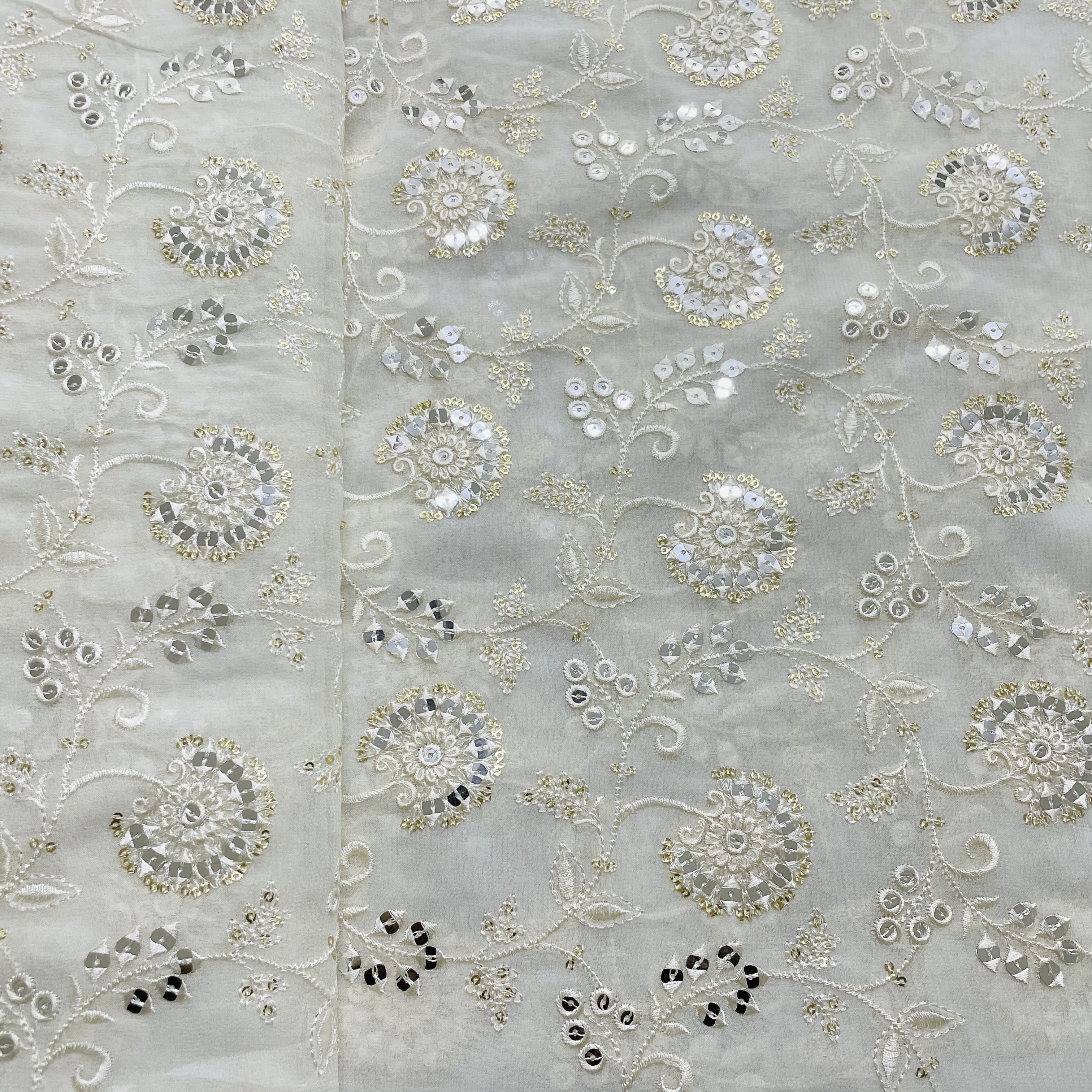 White Dyeable Floral Sequins Embroidery Dyeable Georgette Fabric - Image 3