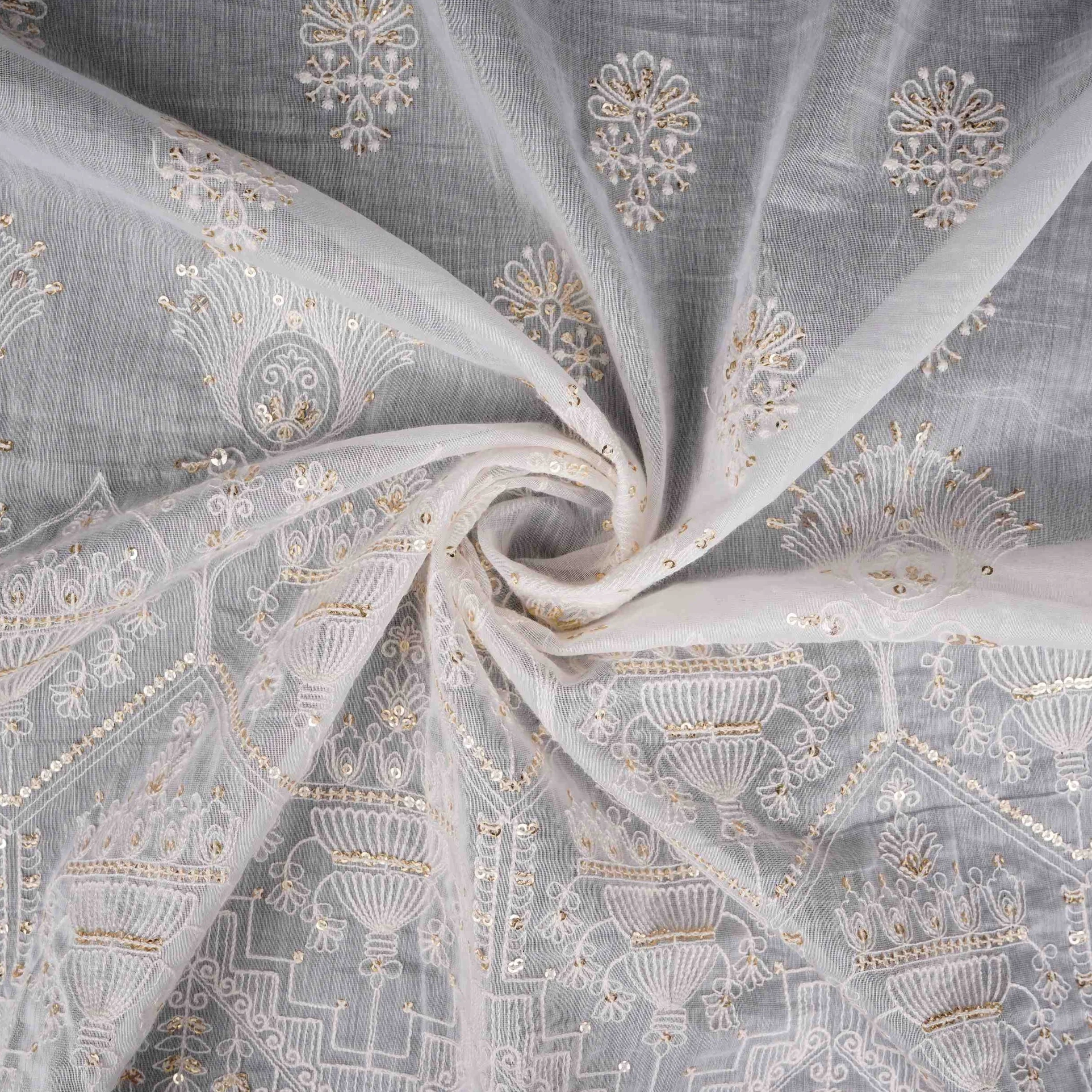 White Dyeable Geometric sequins embroidery Mul Chanderi Fabric SNTF-31867 - Image 4