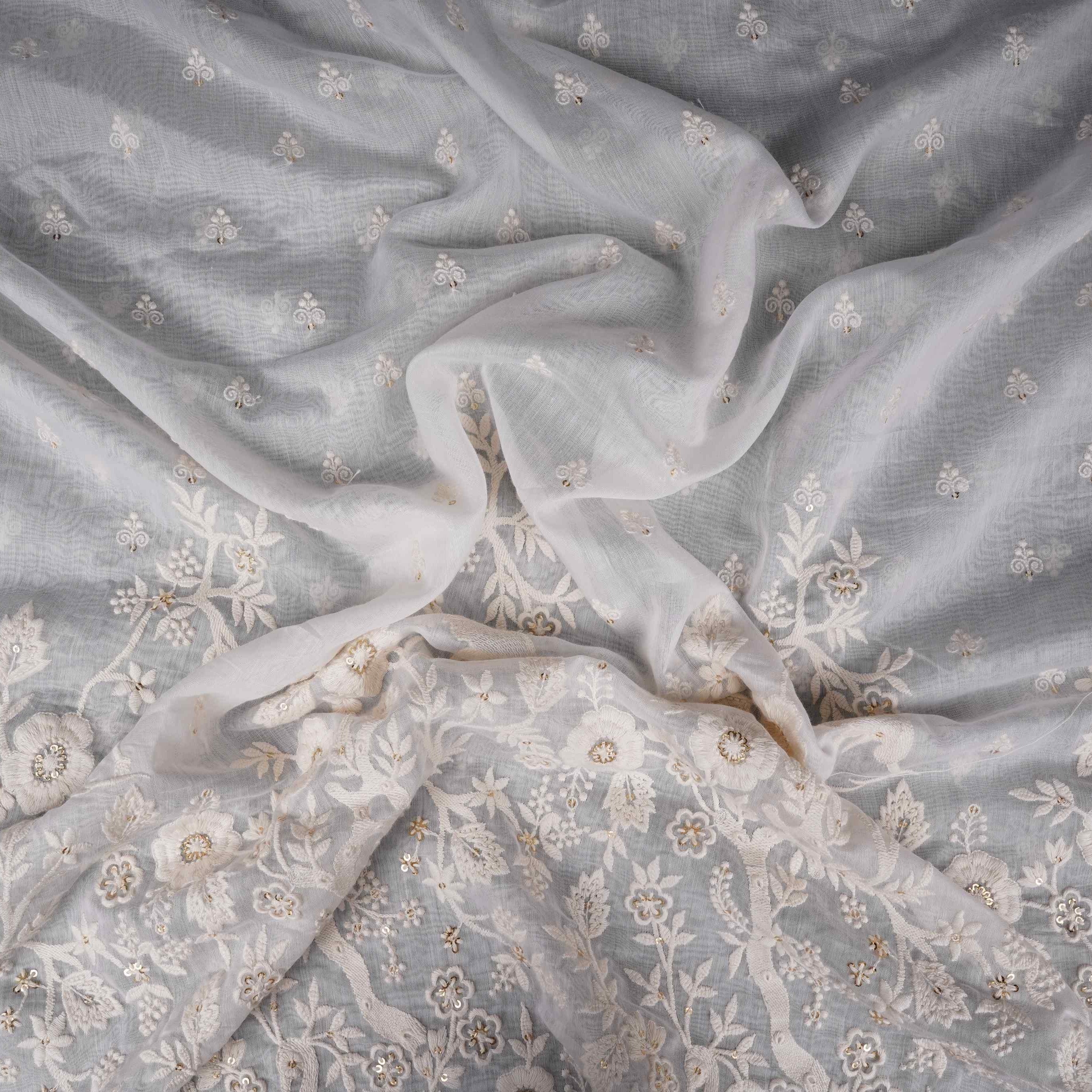 White Dyeable jaal embroidery Mul Chanderi Fabric SNTF-31866 - Image 3