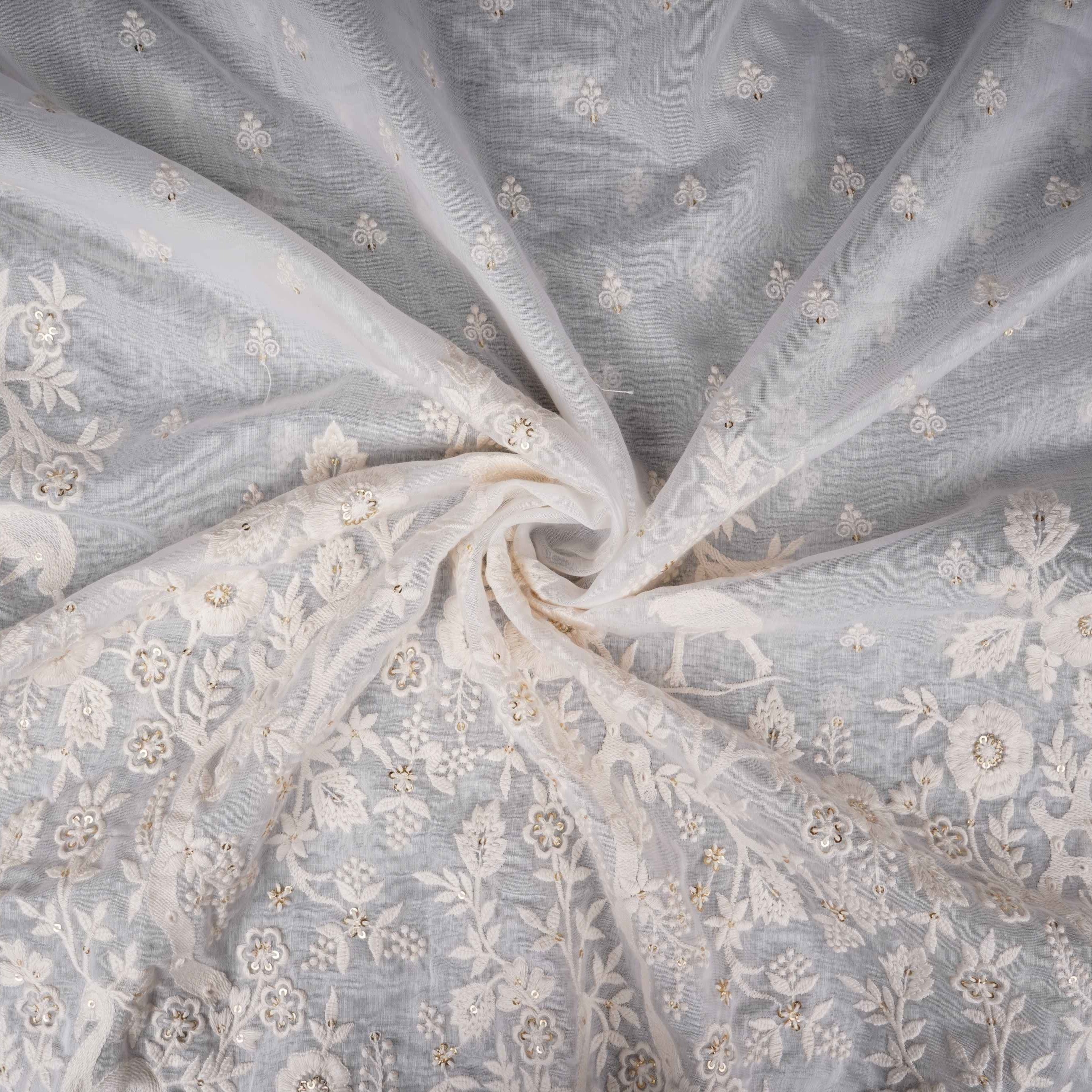 White Dyeable jaal embroidery Mul Chanderi Fabric SNTF-31866 - Image 4