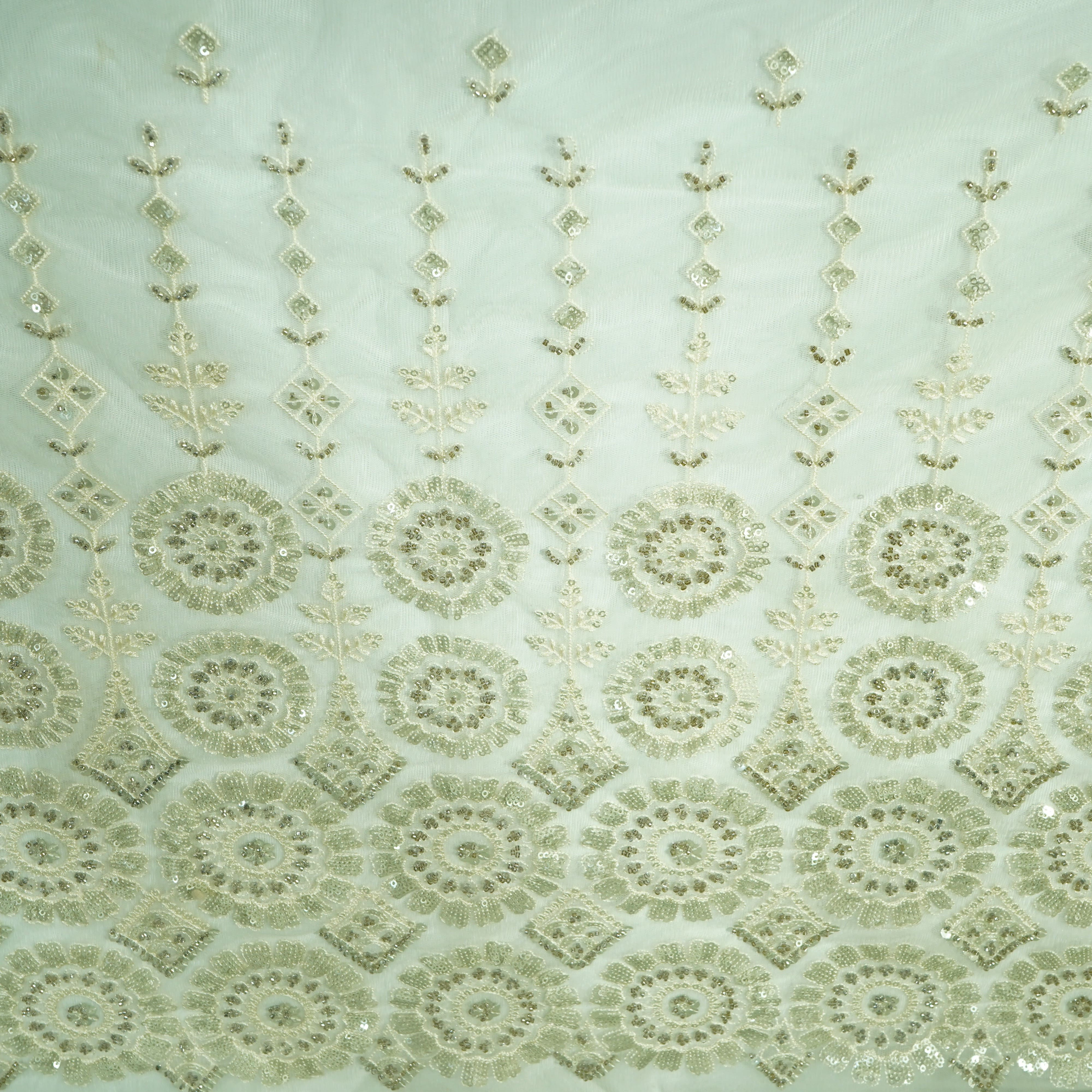 White Floral Beads & Sequence Embroidery Net Fabric - Image 3