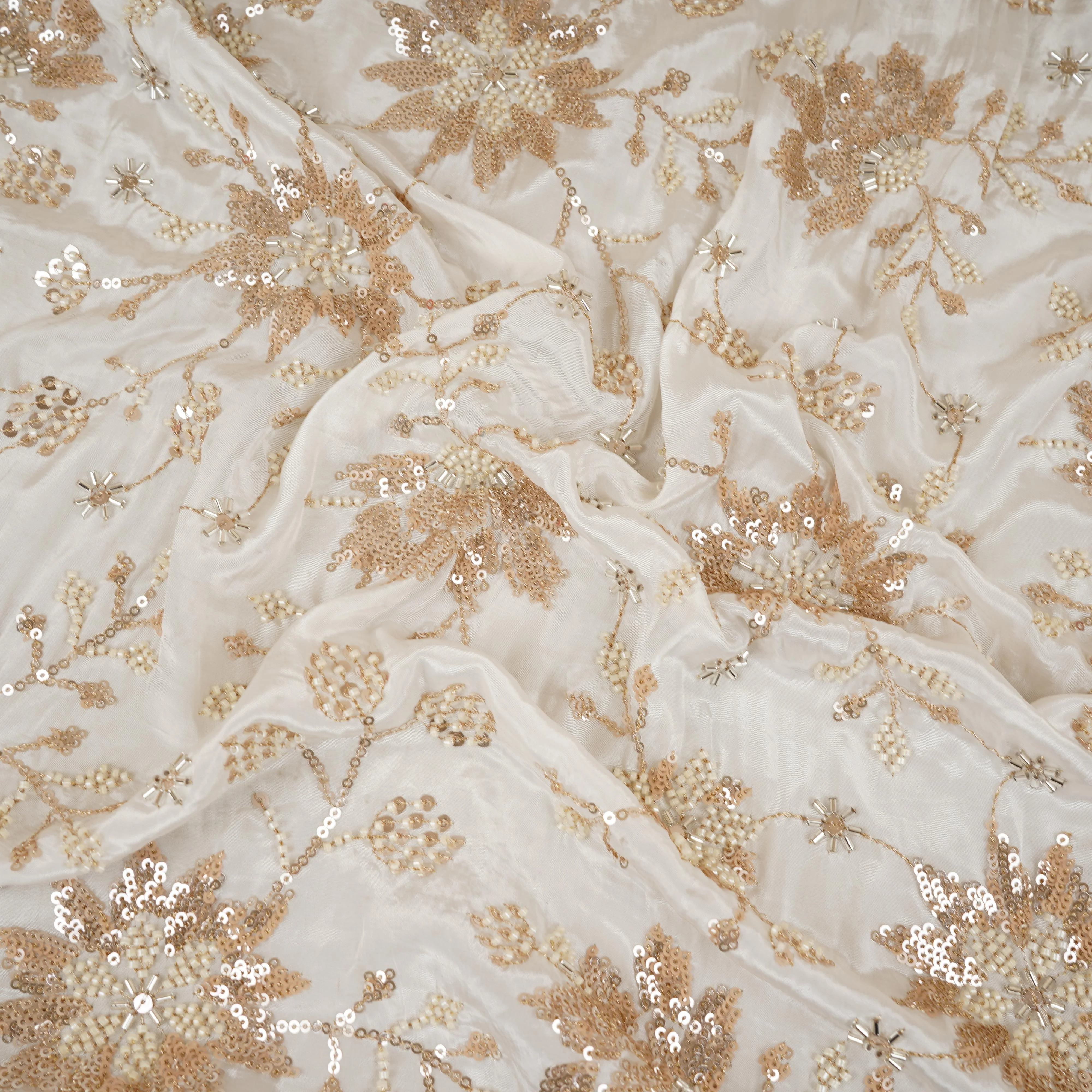 White floral Cutdana embroidery Crepe Fabric STF-29671 - Image 3