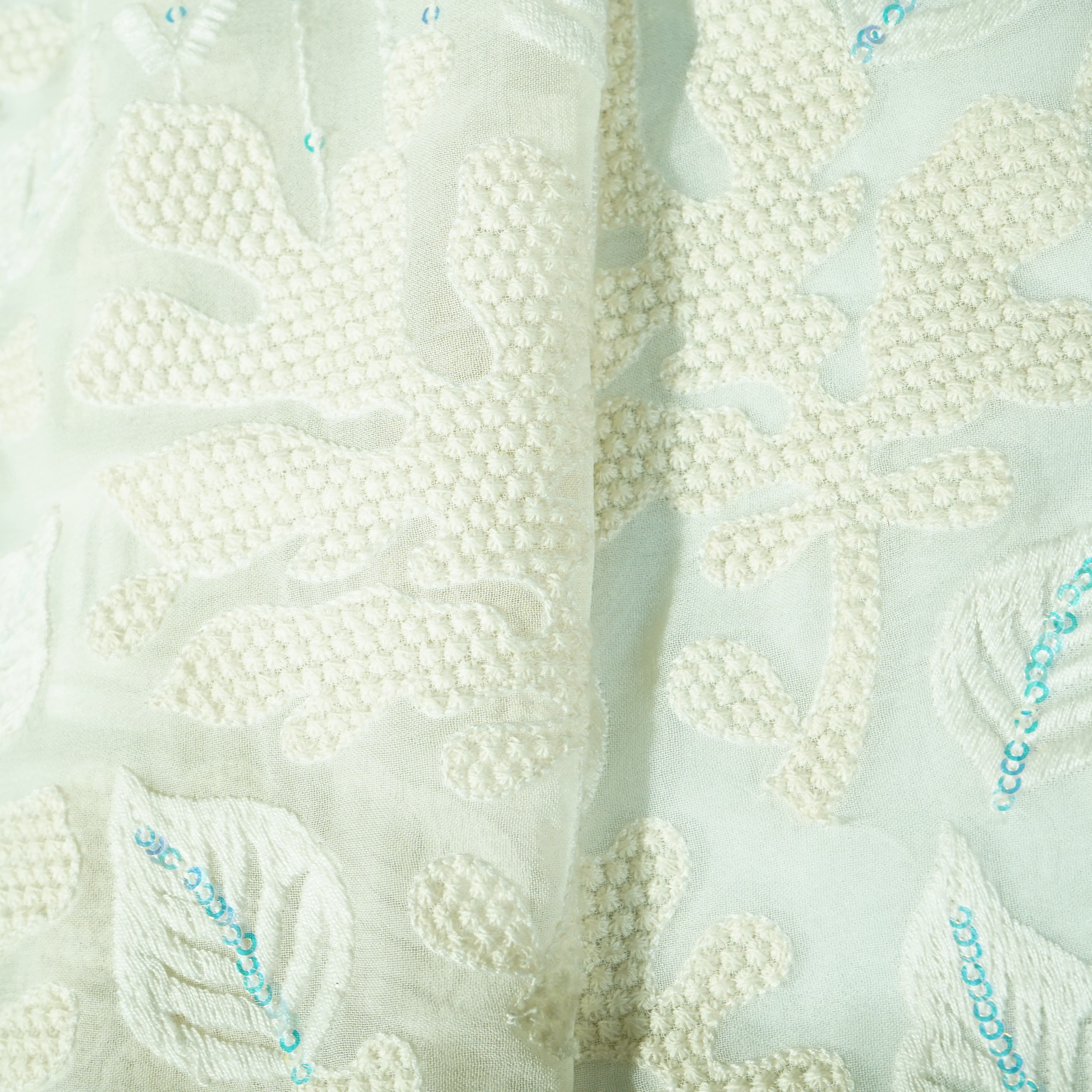 White Floral Embroidery Dyeable Georgette Fabric - Image 2