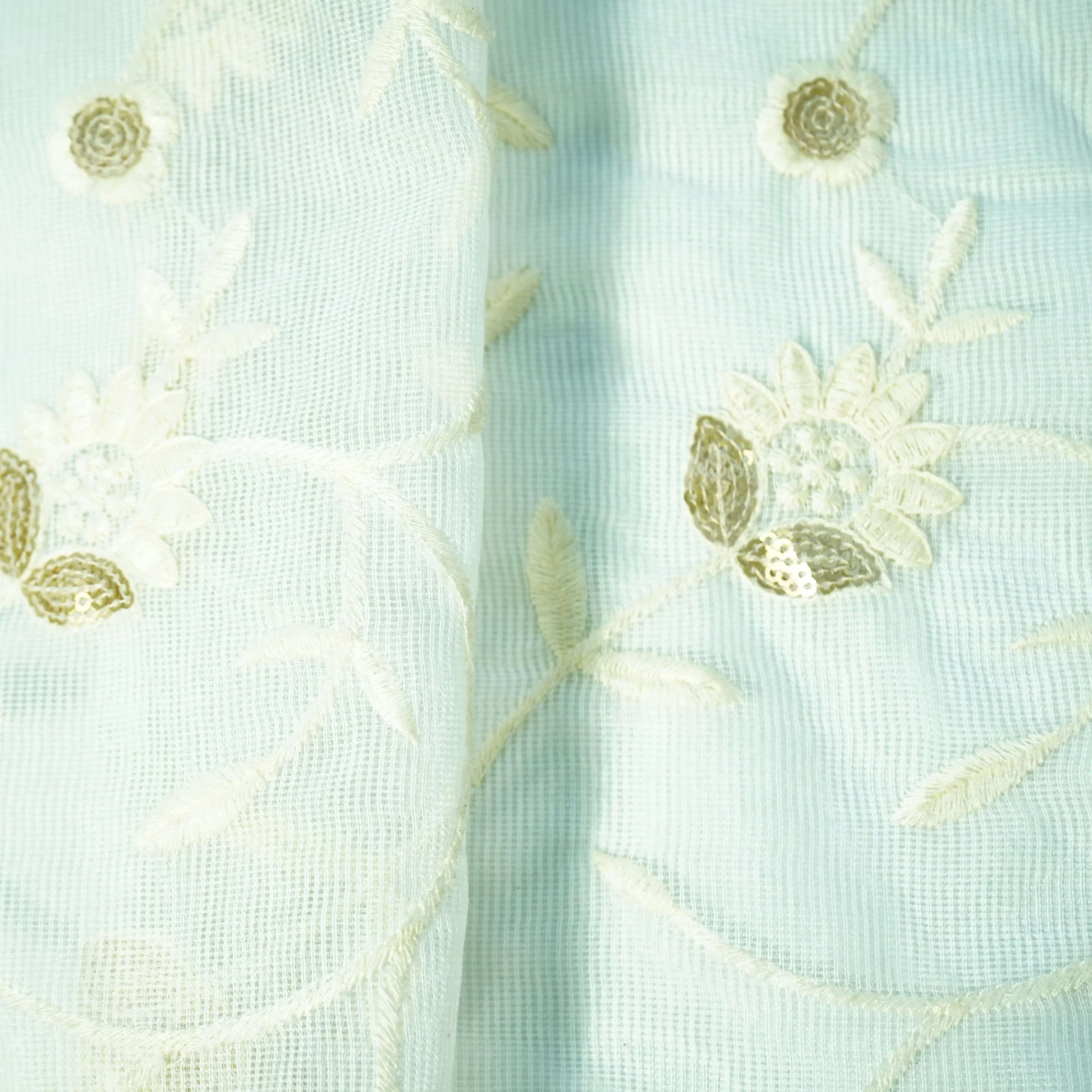 White Floral Golden Sequence Thread Embrodiery Dyeable Kota Cotton Fabric - Image 2