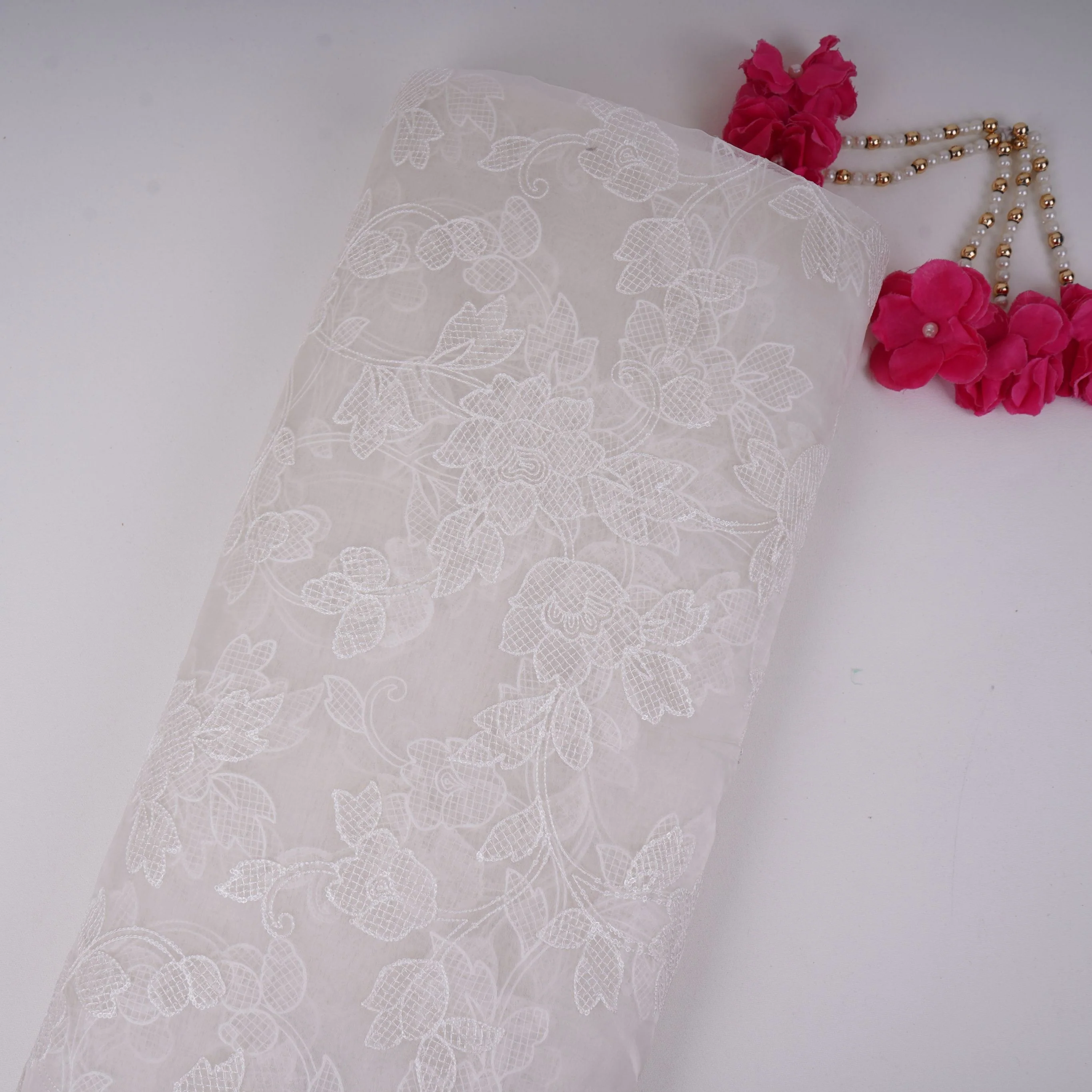 White floral jaal embroidery Pure 27gm Organza Fabric GPF-32092