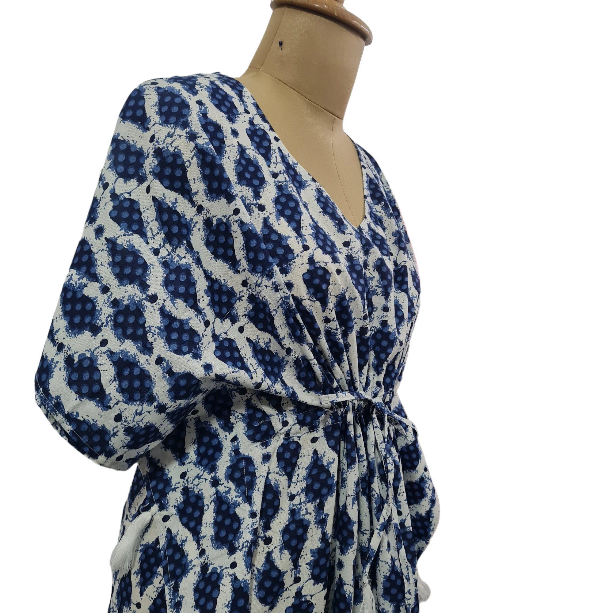 White Floral Print Cotton Kaftan - Image 2