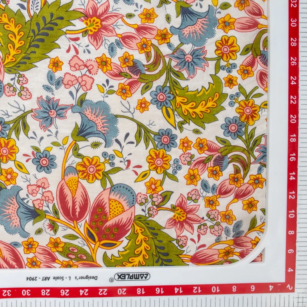 White Floral Print Tabby Silk Fabric - Image 3