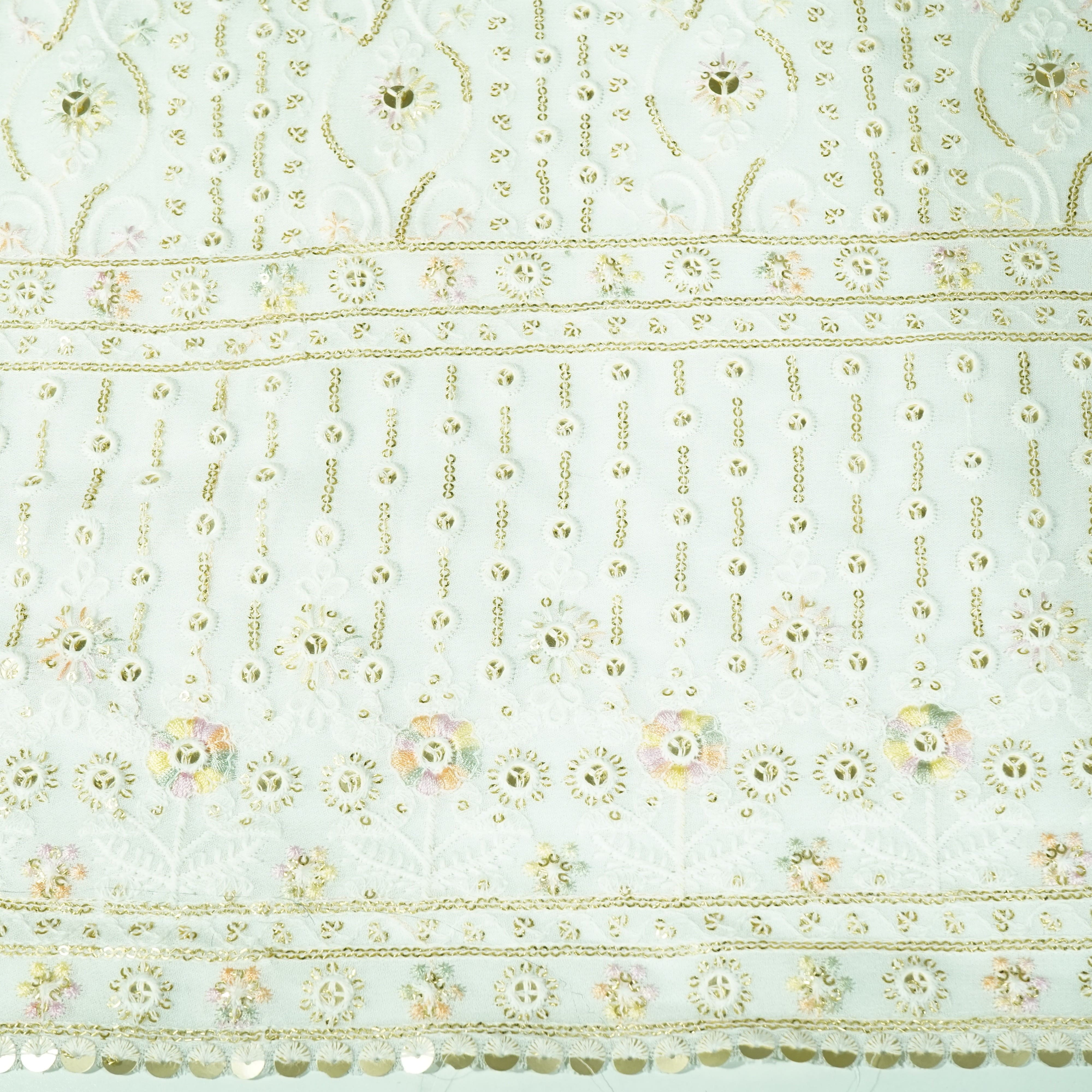 White Floral Sequins Thread Embrodiery Dyeable Georgette Fabric TU-7827 - Image 3