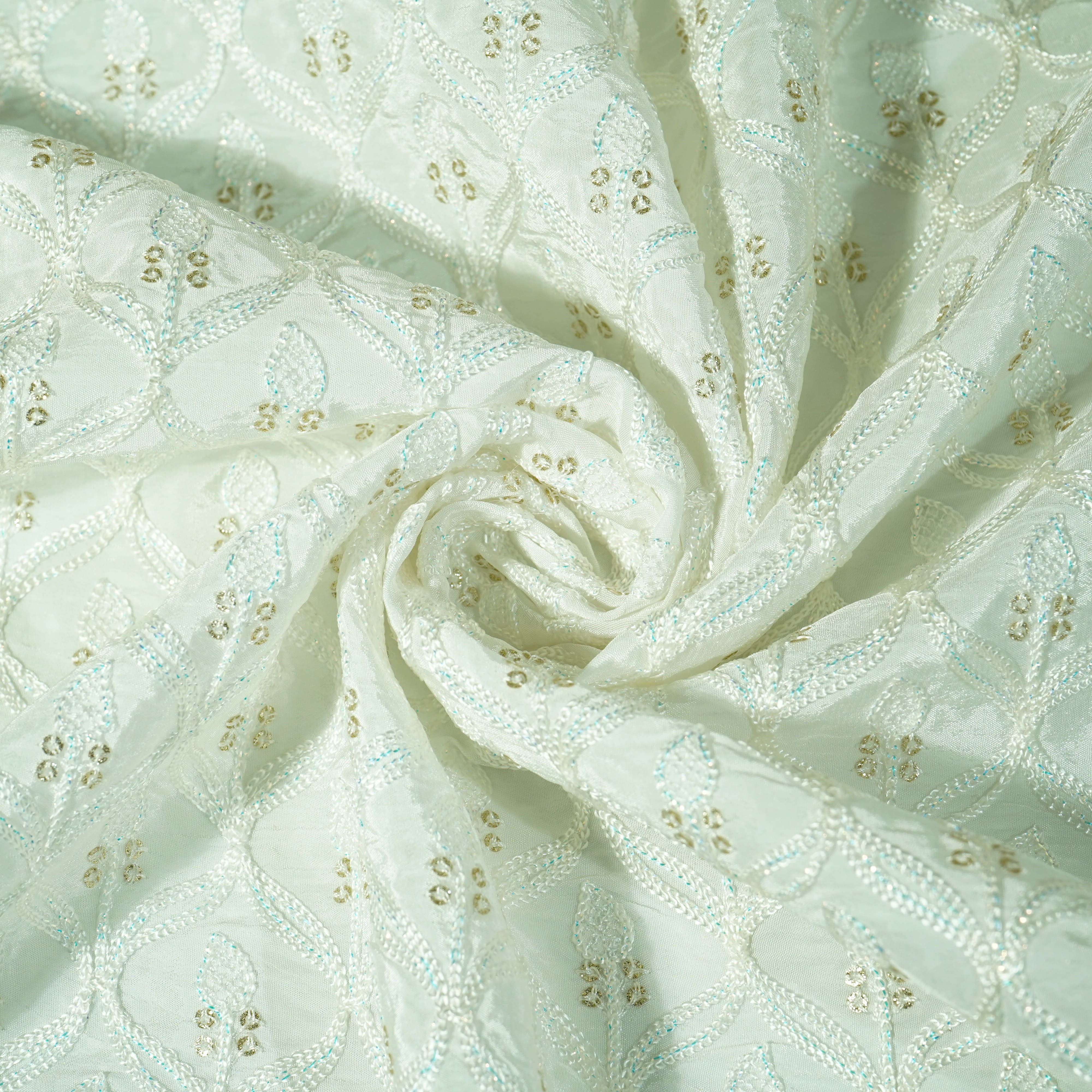 White Floral Sequins Embroidery Russian Silk Fabric SB-15542