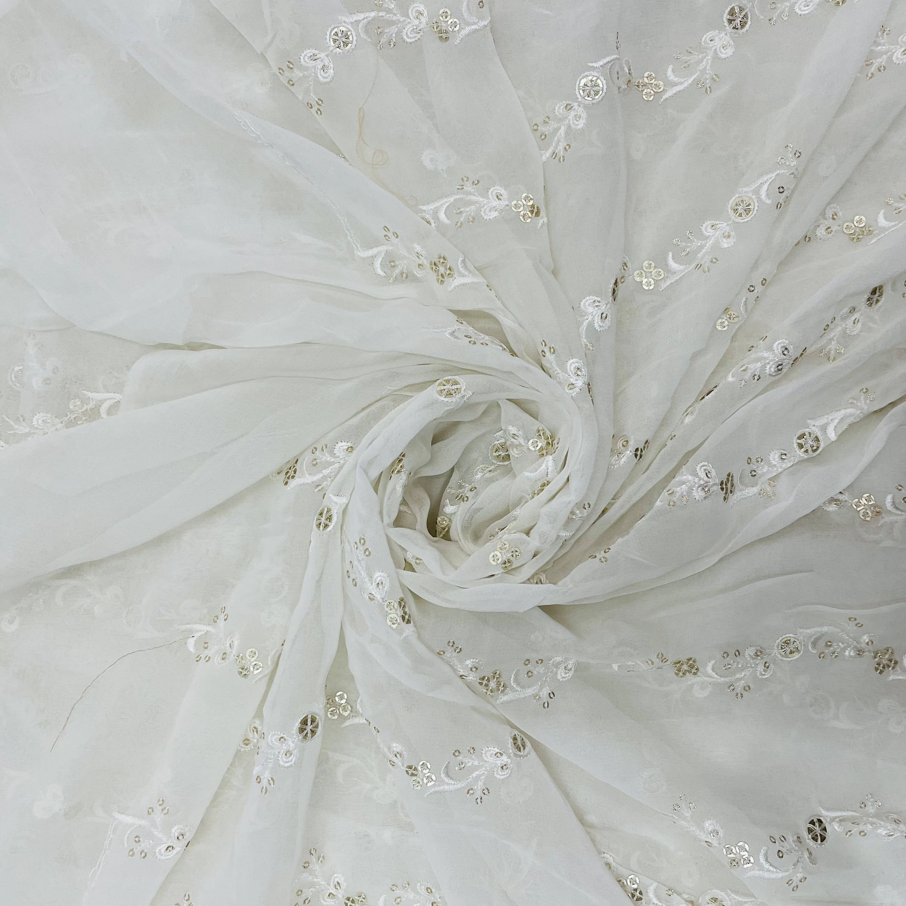 White Gold Thread Embroidery Sequins Dyeable Georgette Fabric
