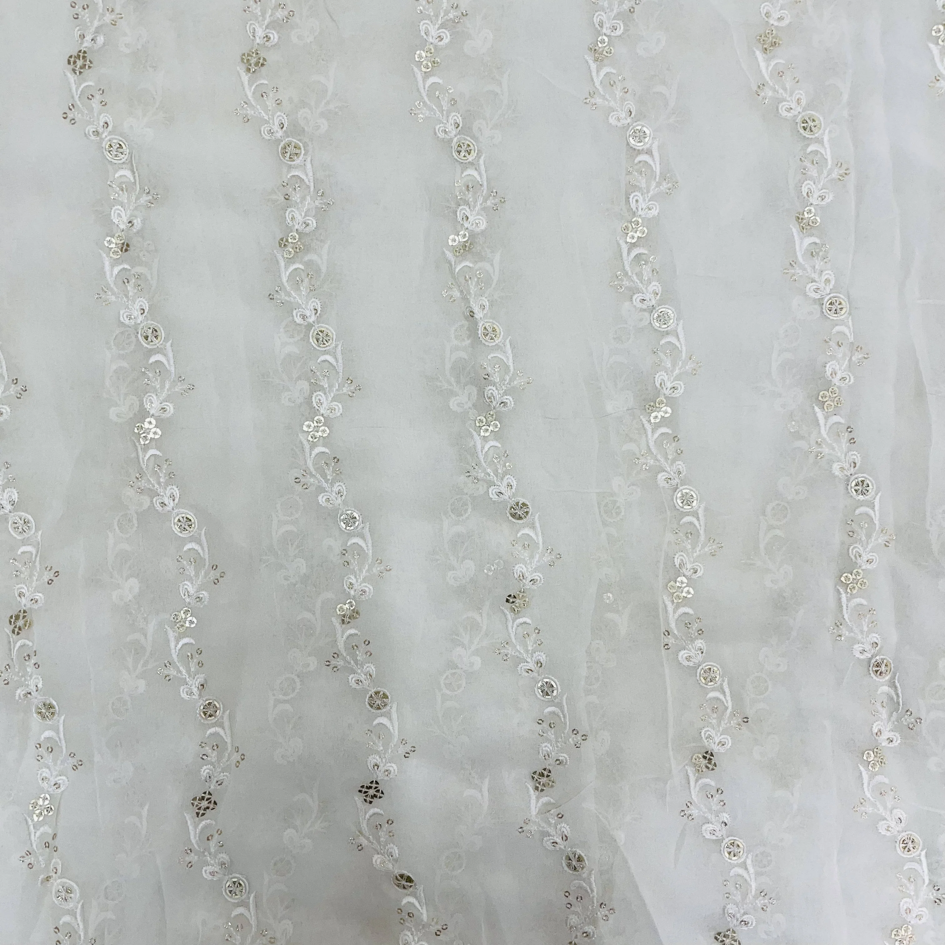 White Gold Thread Embroidery Sequins Dyeable Georgette Fabric - Image 2