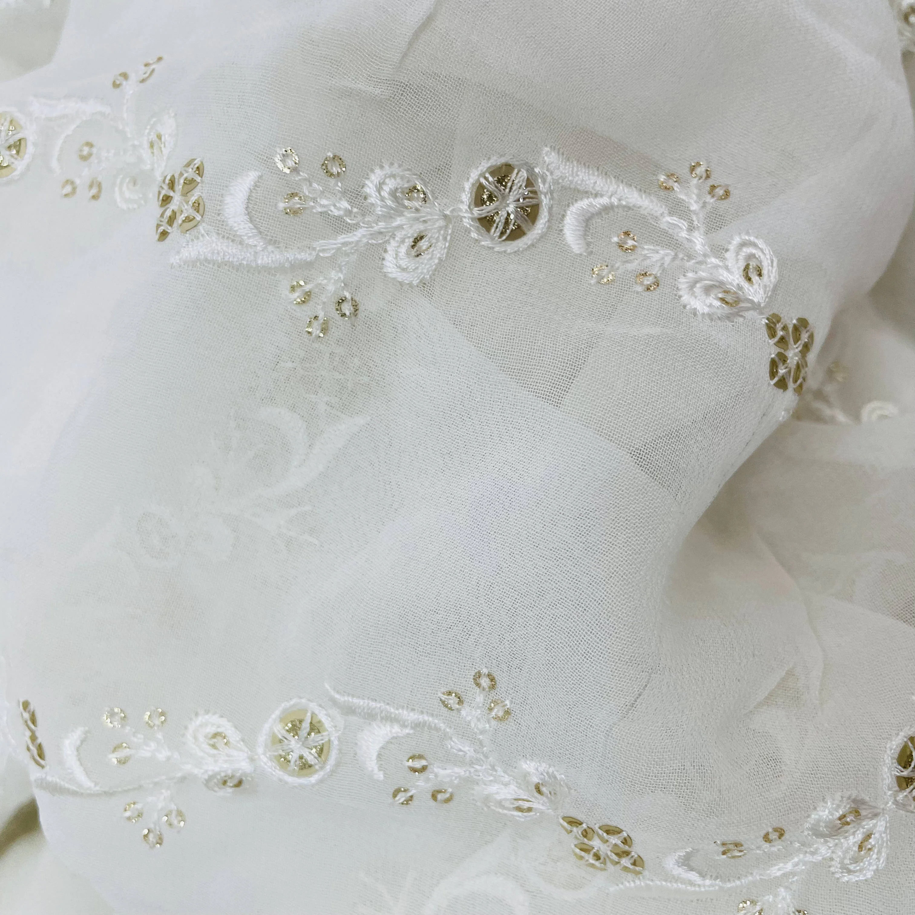 White Gold Thread Embroidery Sequins Dyeable Georgette Fabric - Image 3