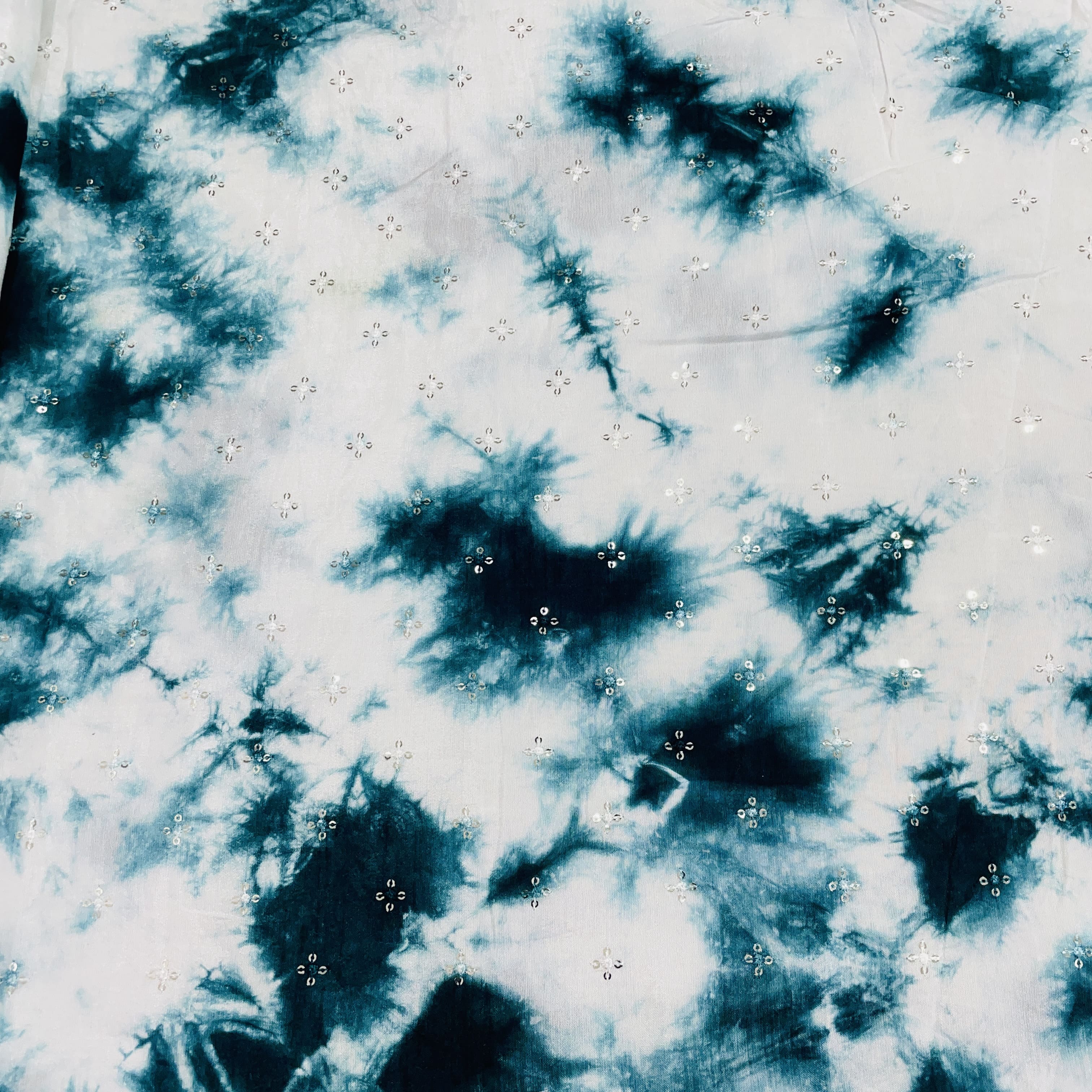 White Green Shibori Sequins Embroidery Dola Silk Fabric 24 - Image 2