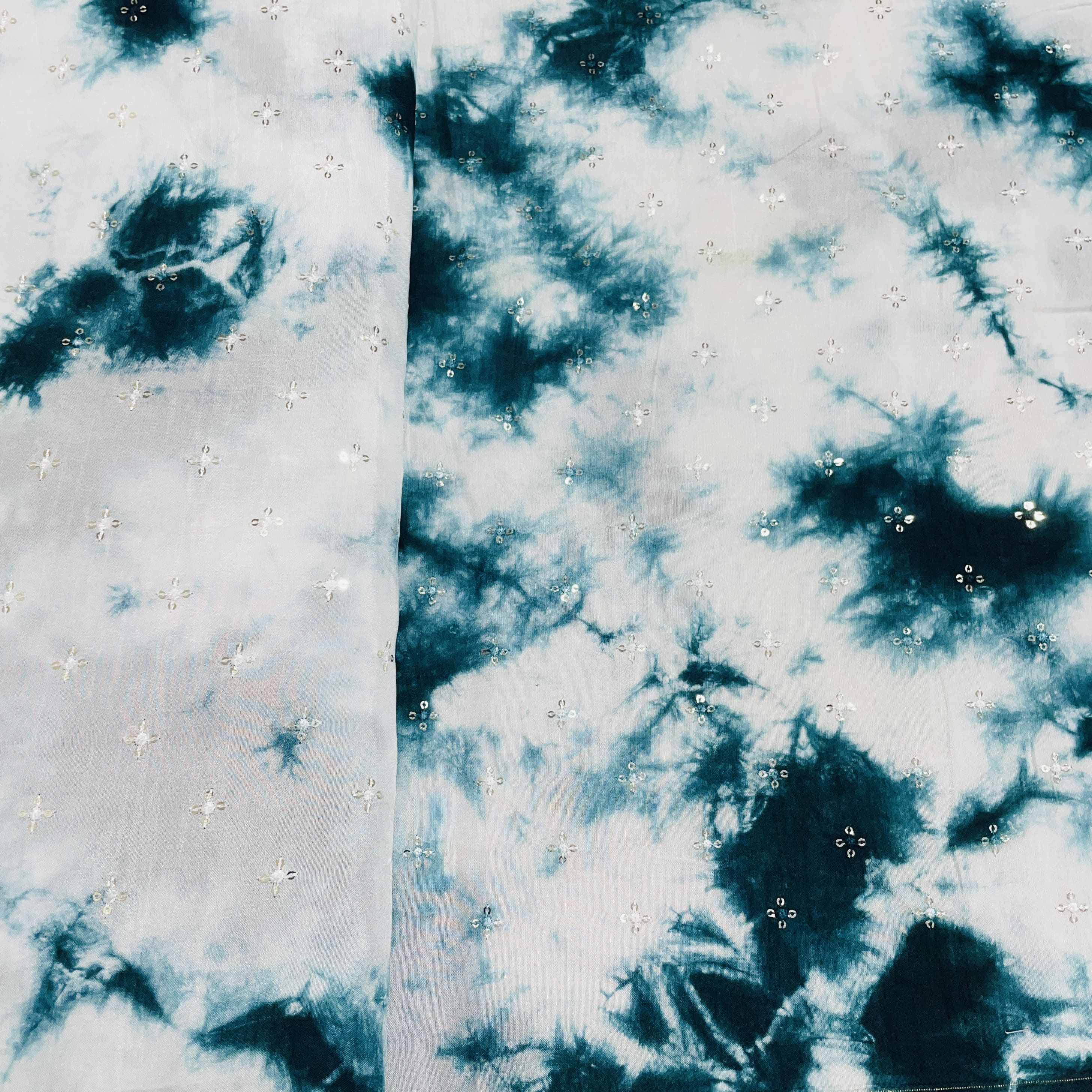 White Green Shibori Sequins Embroidery Dola Silk Fabric 24 - Image 4