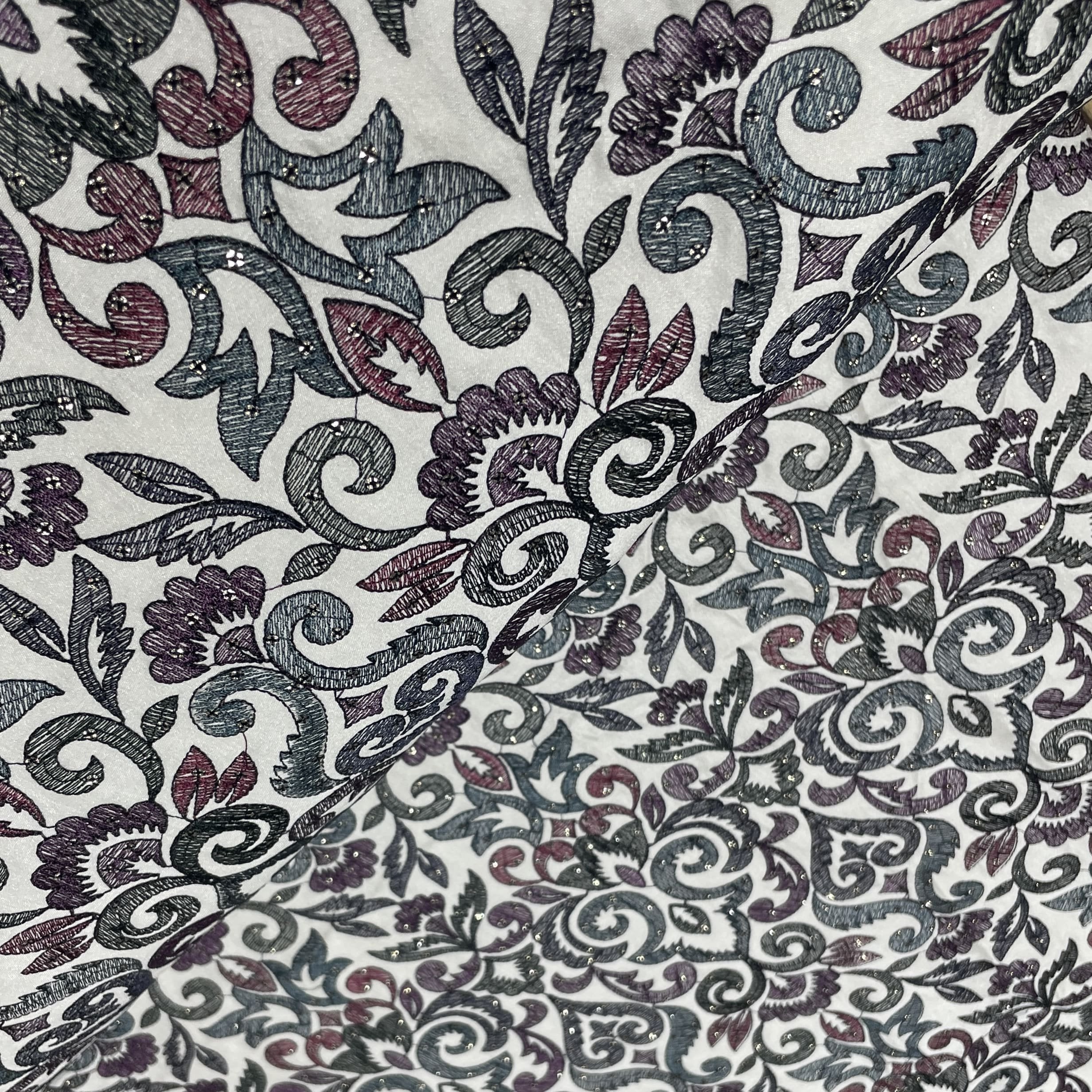 White Mughal Embroidery Satin Silk Fabric 18371 - Image 2