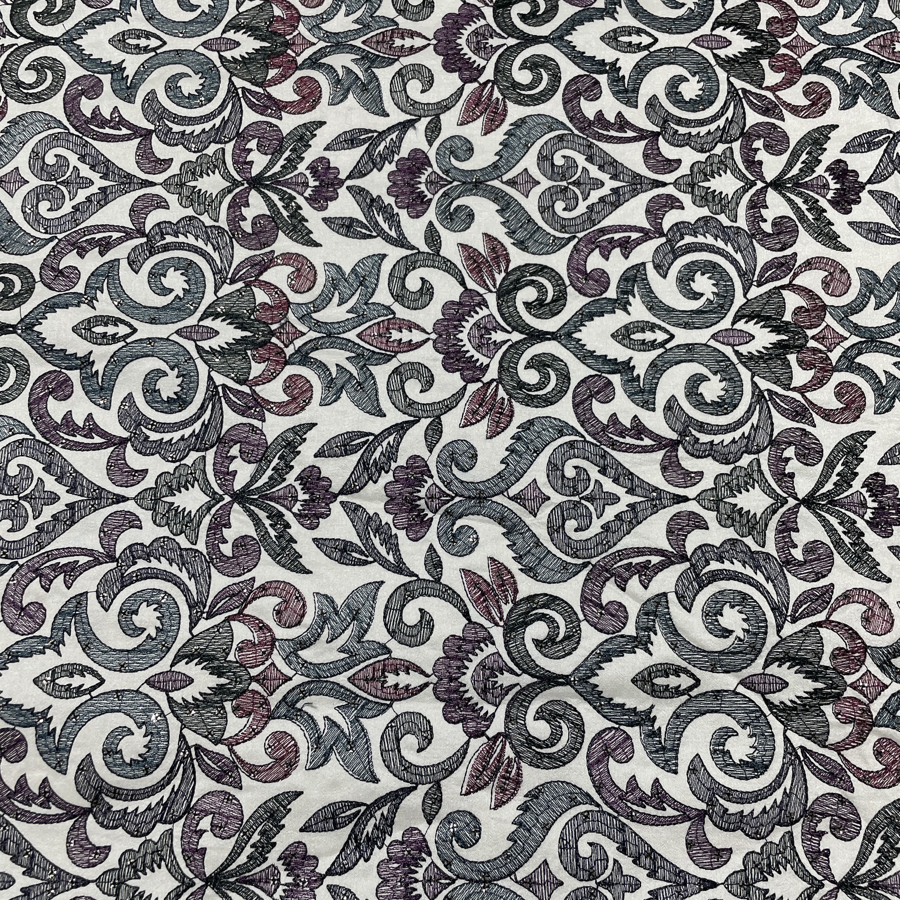 White Mughal Embroidery Satin Silk Fabric 18371 - Image 3