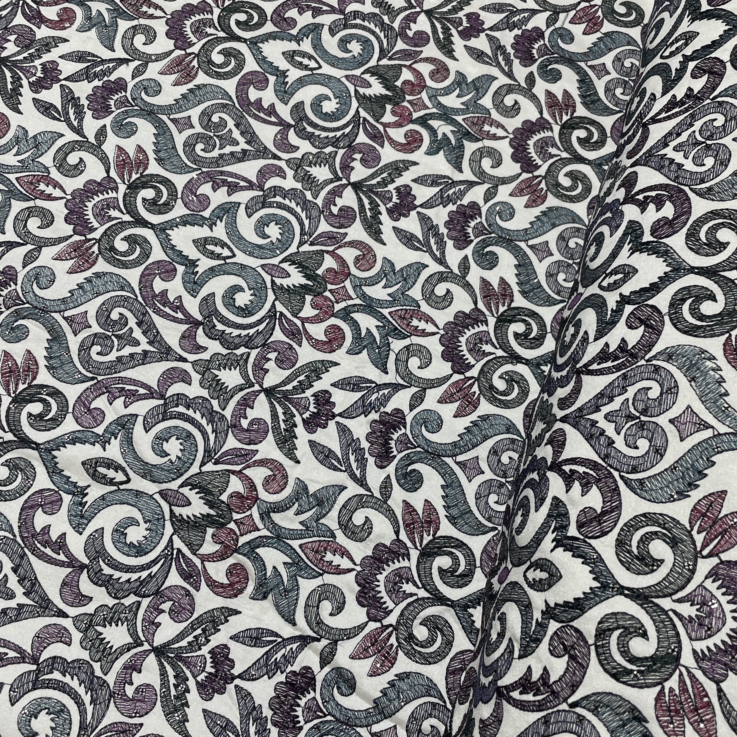 White Mughal Embroidery Satin Silk Fabric 18371 - Image 4