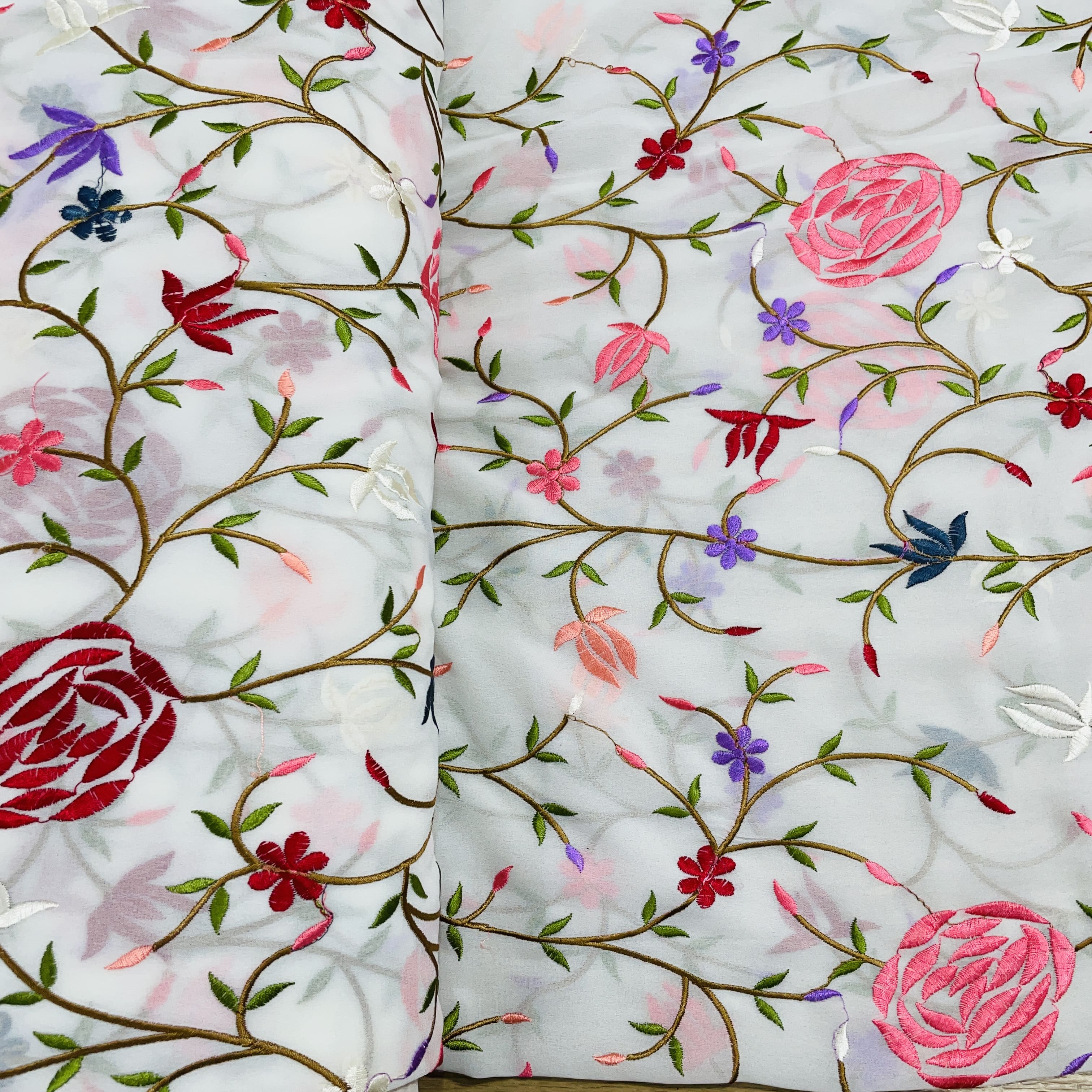 White Multicolor Floral Embroidery Georgette Fabric 65 - Image 4